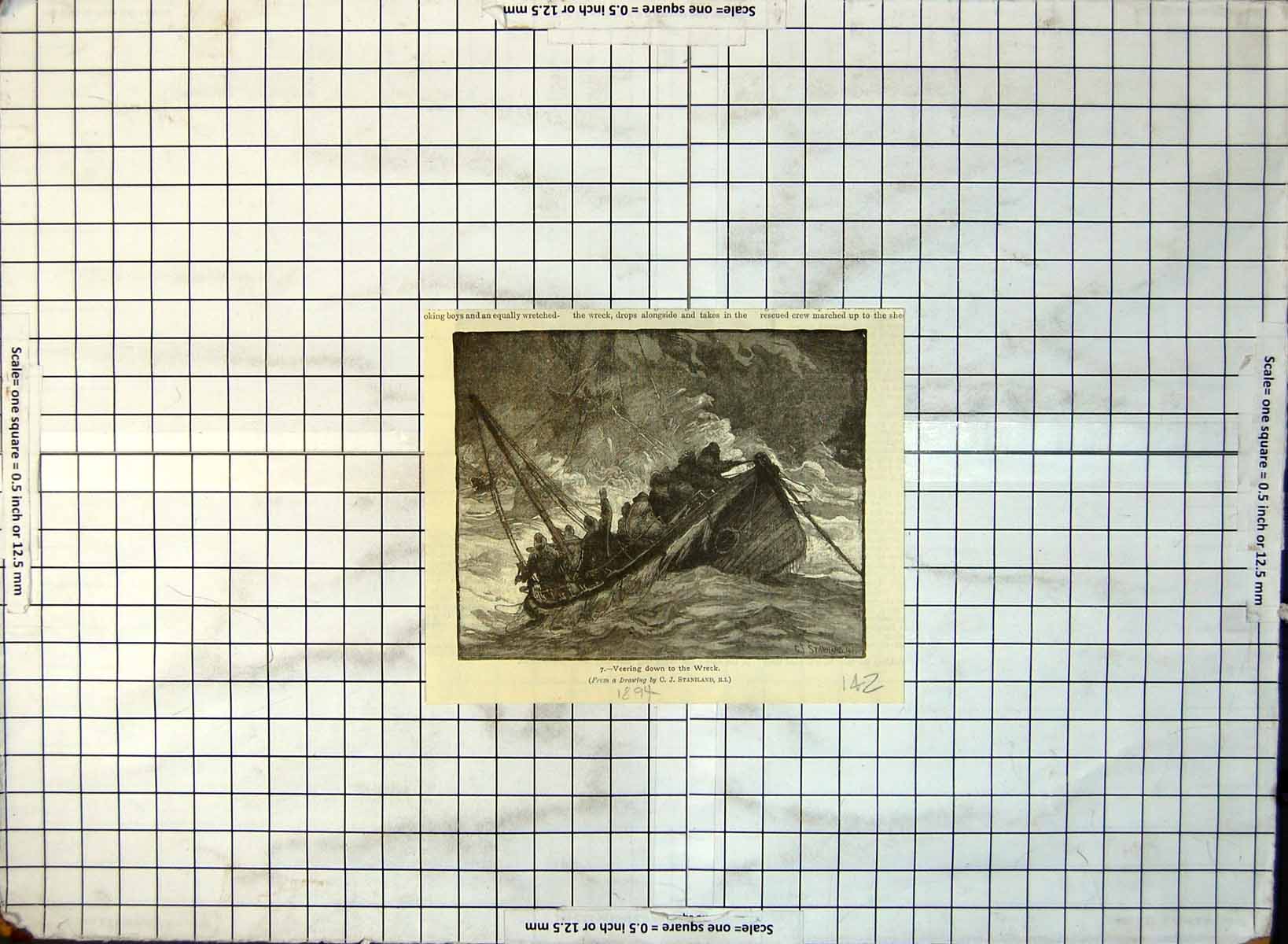 Old Veering Down Wreck Men Lifeboat Stormy Seas C.J. Staniland 1894 142G 19th