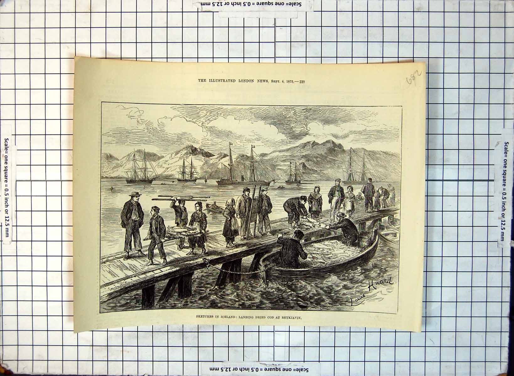 Old Sketch Iceland Landing Dried Cod Reykjavik Slatted Wood 1875 151G Victorian