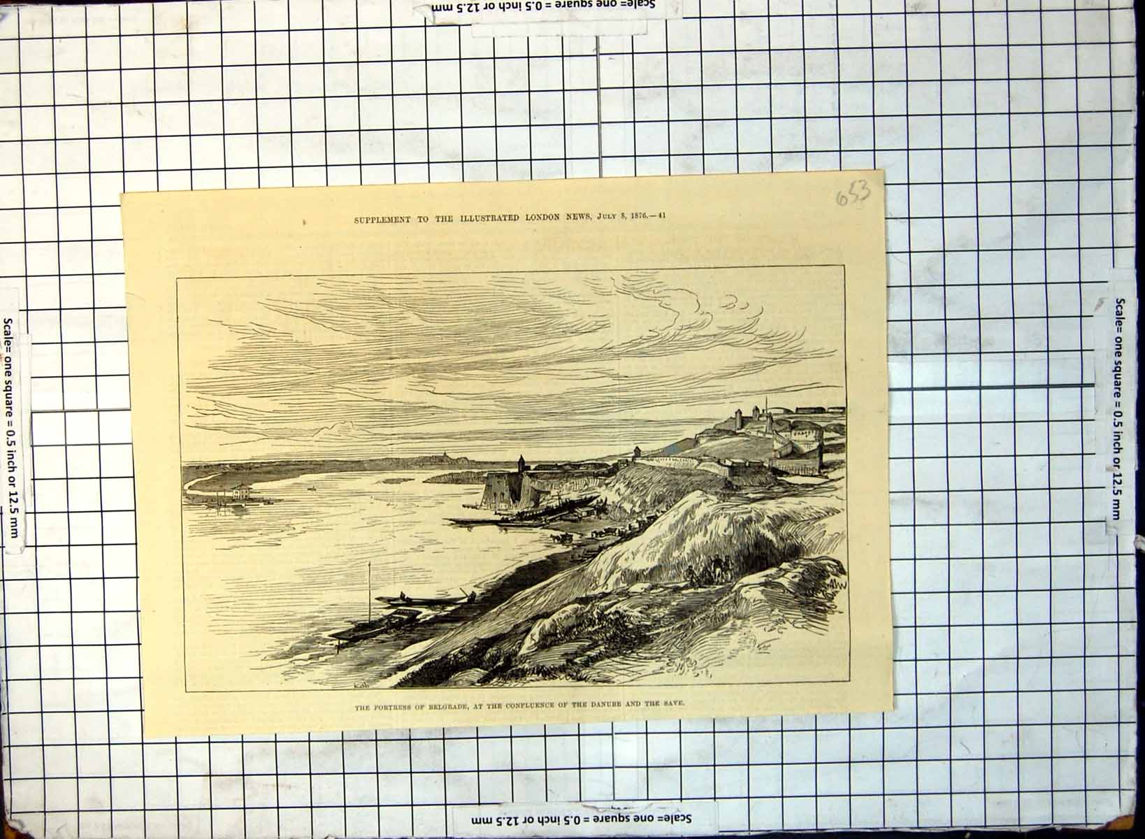 Old Print Fortress Belgrade Confluence Danube Salve Boats Horses 1876 157G 19th
