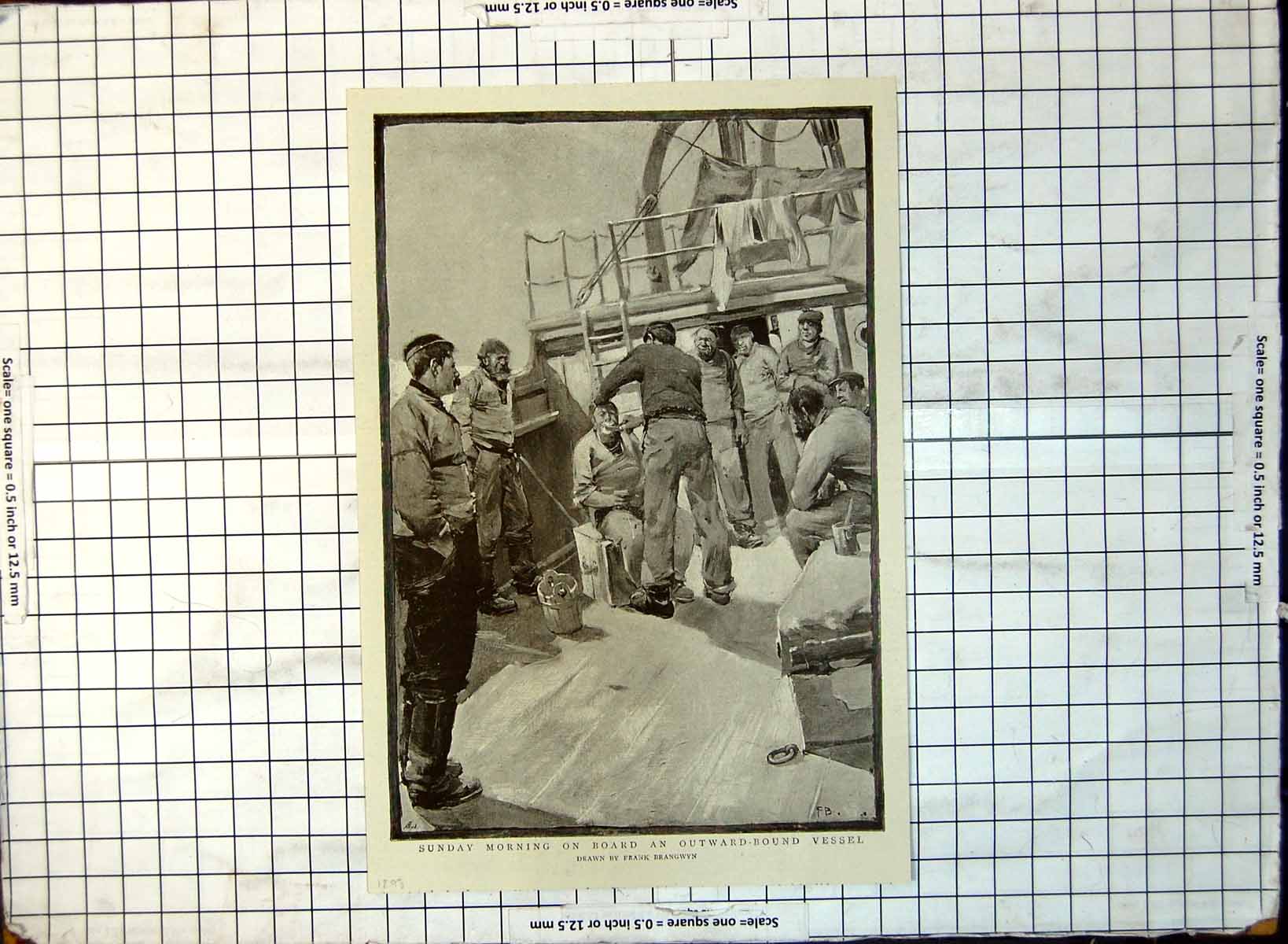 Antique Old Print Sunday Morning Shave Outward-Bound Vessel Crew Watching 165G