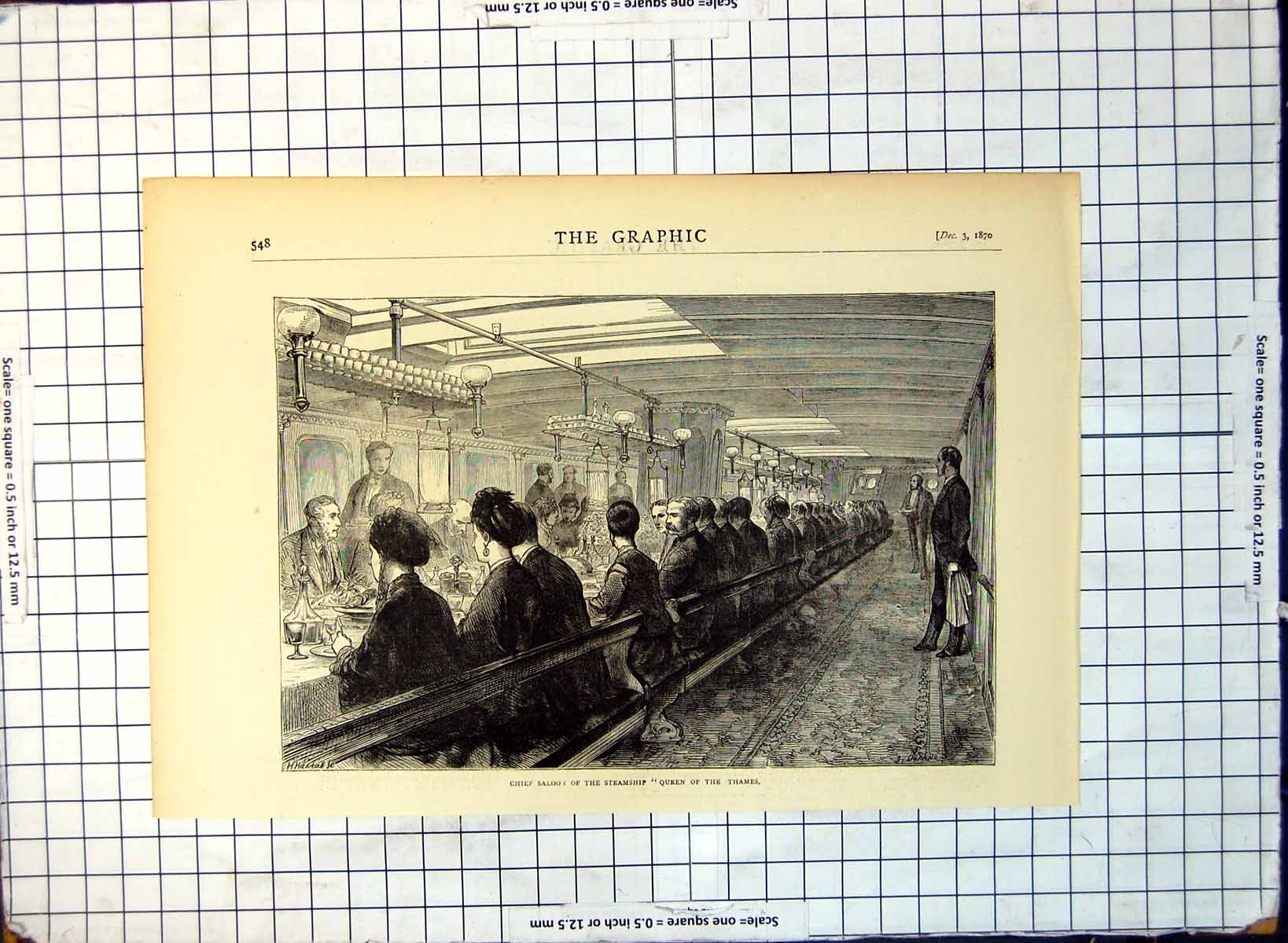 Old Print Chief Saloon Steamship Queen The Thames People Seated 1870 166G 19th