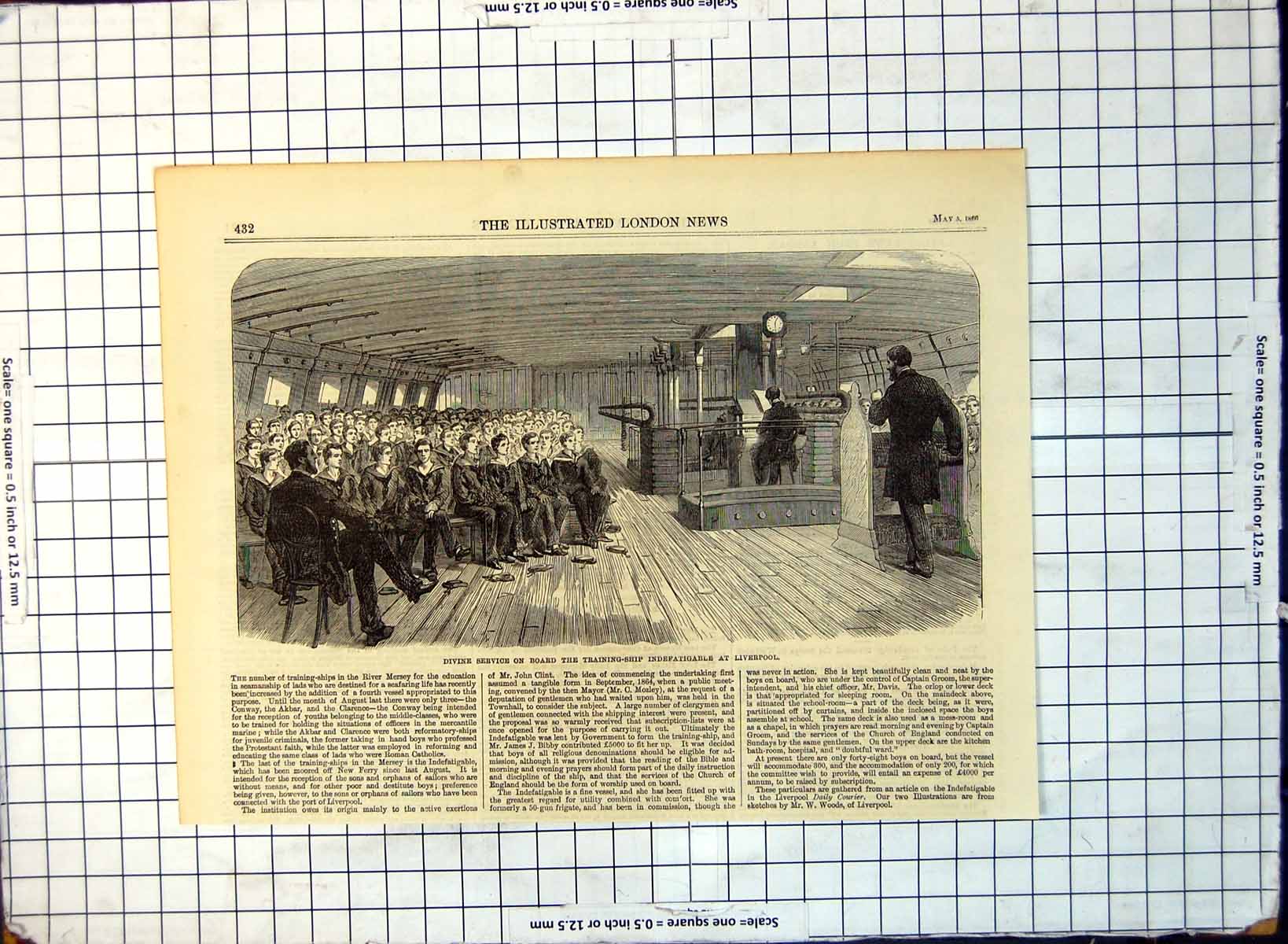 Print Divine Service On Board Training Ship Indefatigable Liverpool 1866 168G