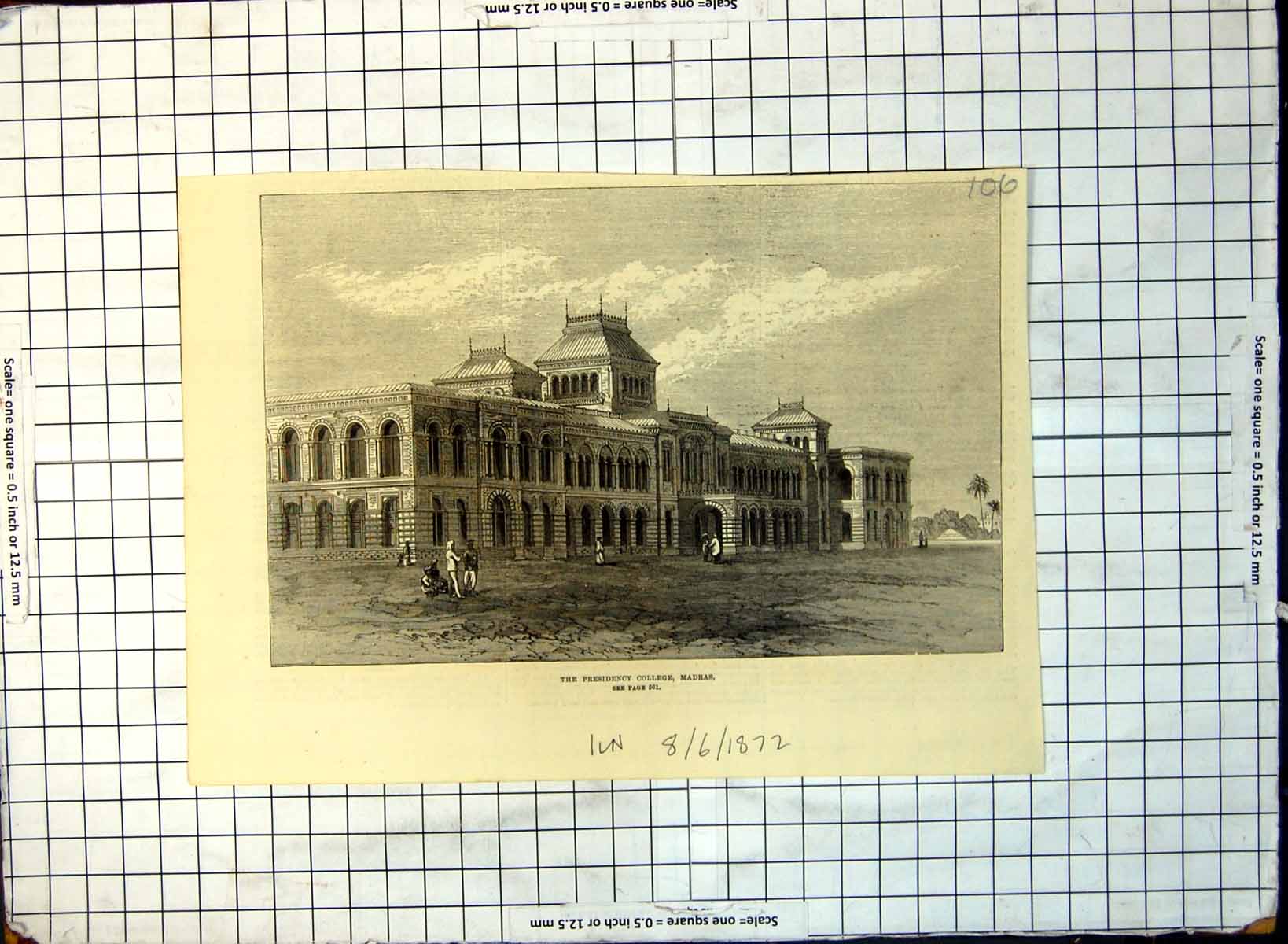 Old Print Presidency College Madras Exterior View Archways Palms 1872 175G 19th