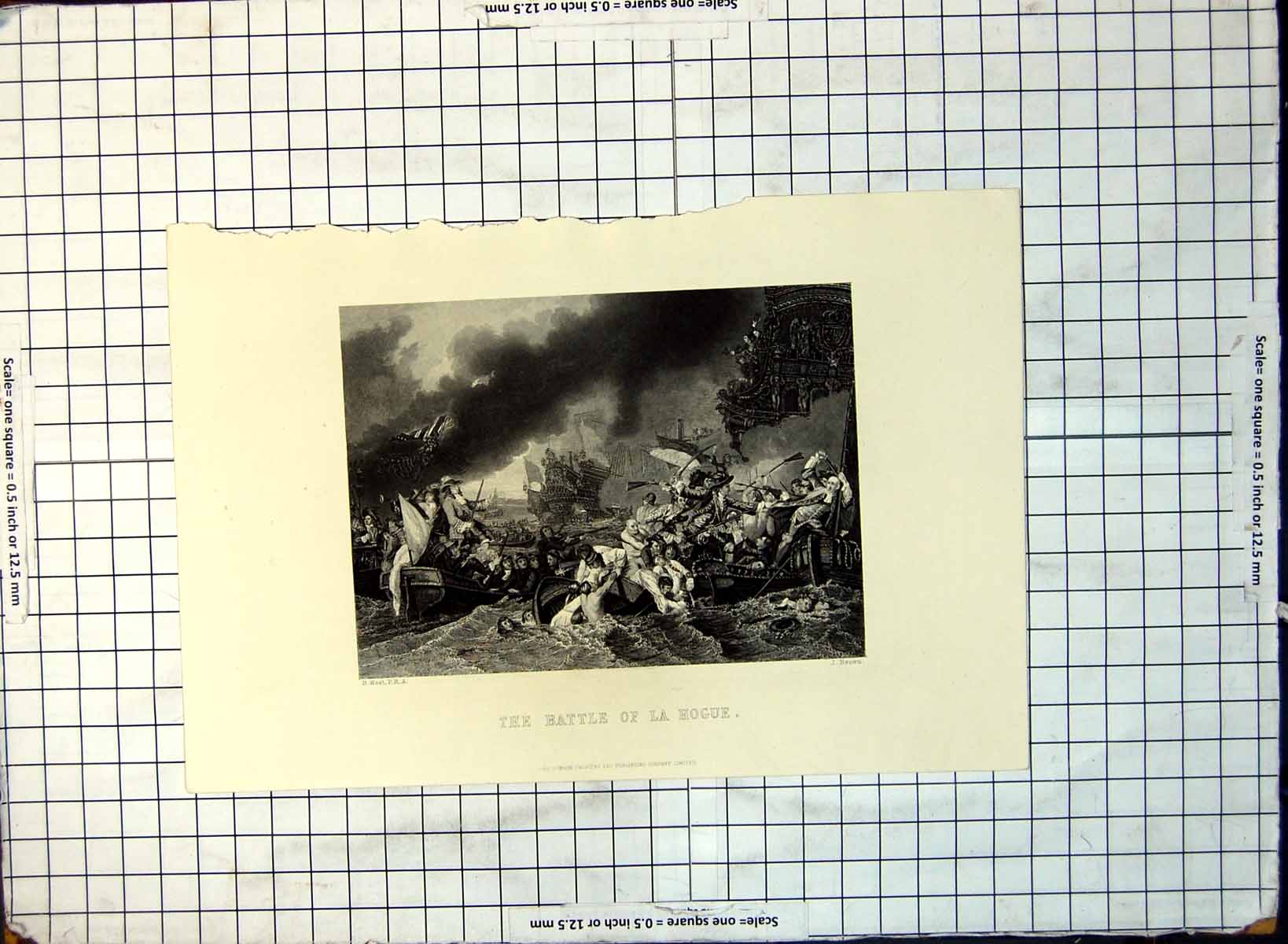 Old Print Battle La Hogue Men Overboard Being Rescued Lifeboats 1867 187G 19th