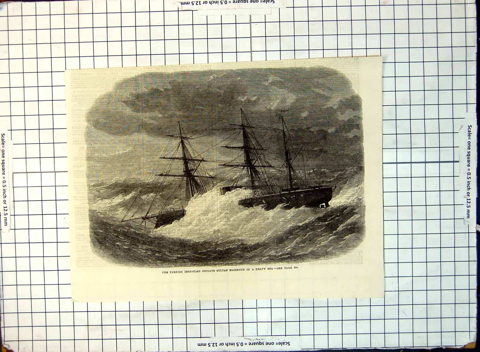 Old Turkish Iron-Clad Frigate Sultan Mahmoud Heavy Sea Waves 1866 189G Victorian