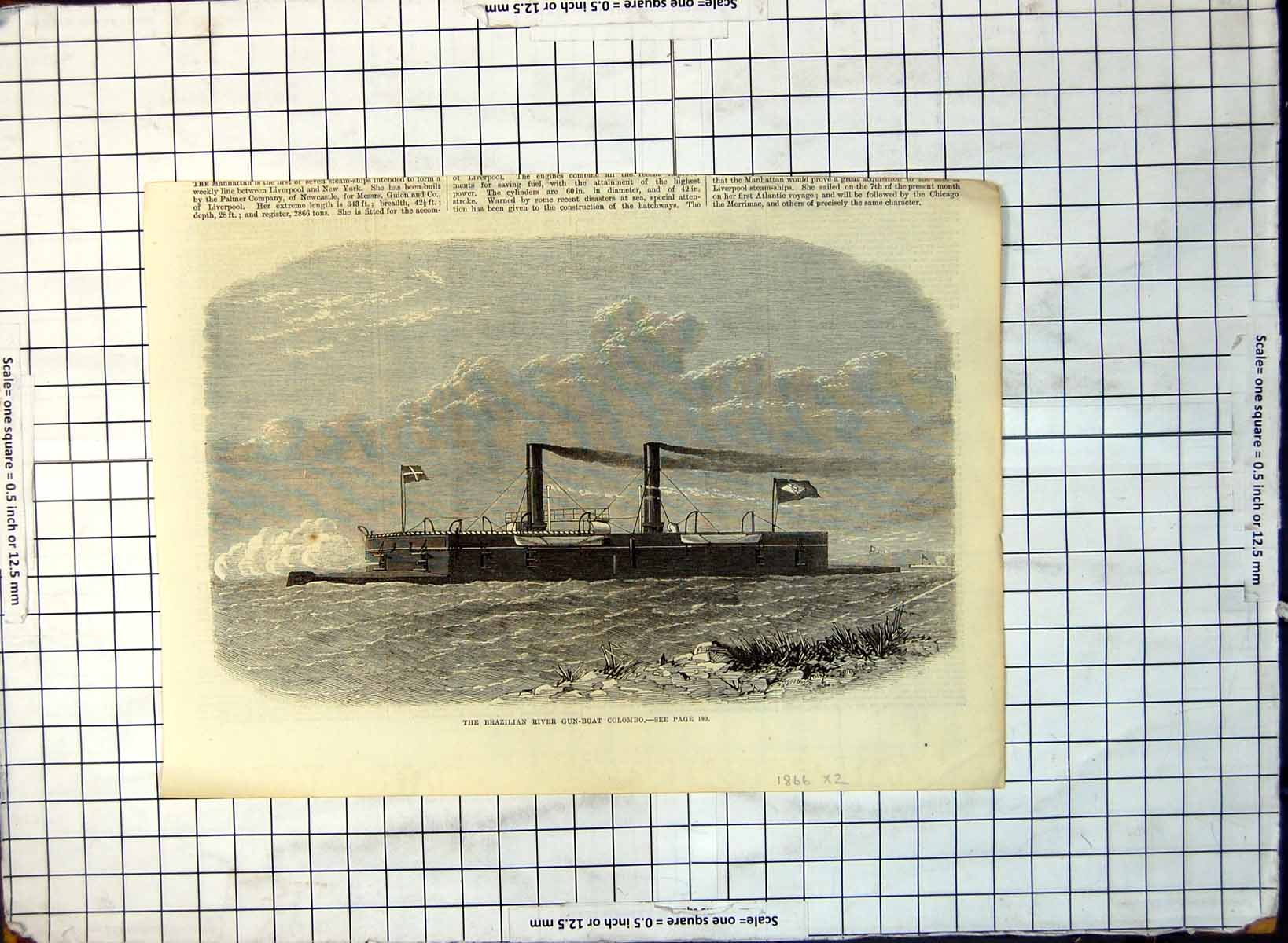 Old Brazilian River Gun-Boat Colombo Two Funnels Gun Firing 1866 191G Victorian