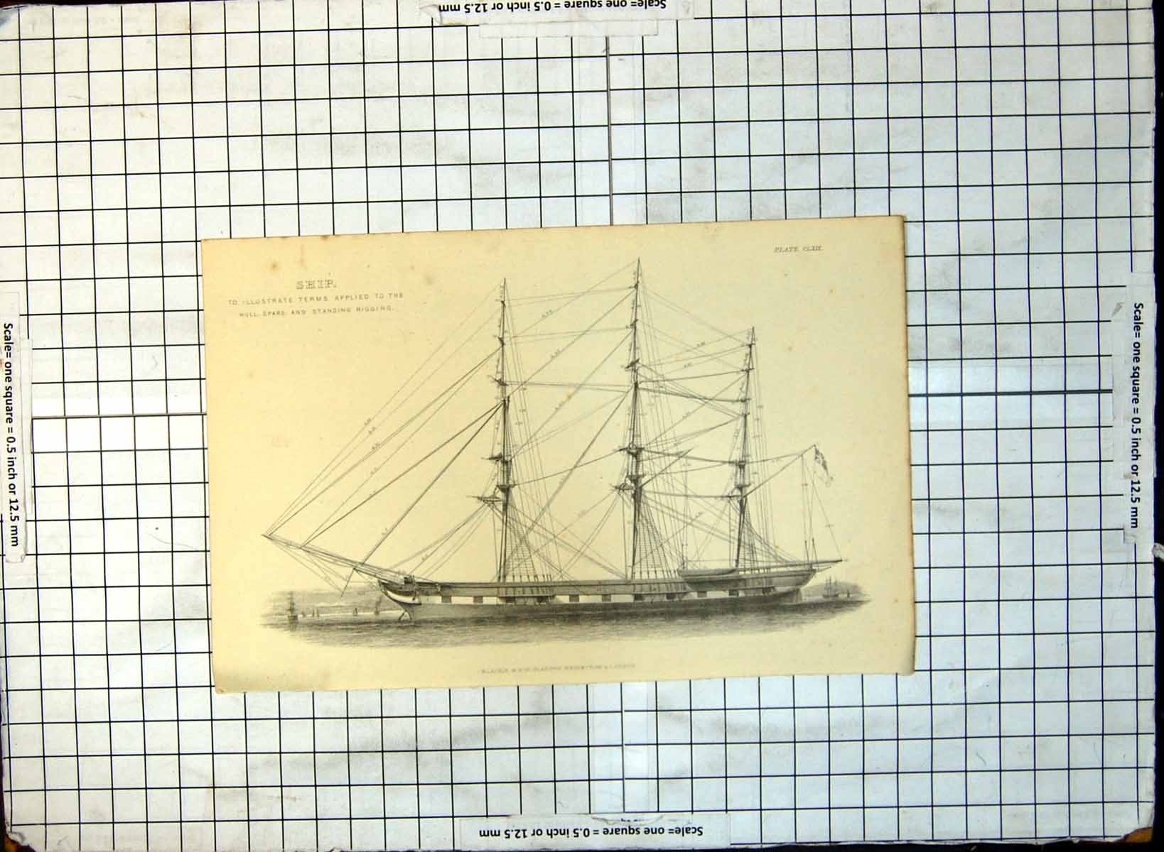 Old Ship Illustrating Terms Applied To Hull Spars Standard Rigging 192G 20th
