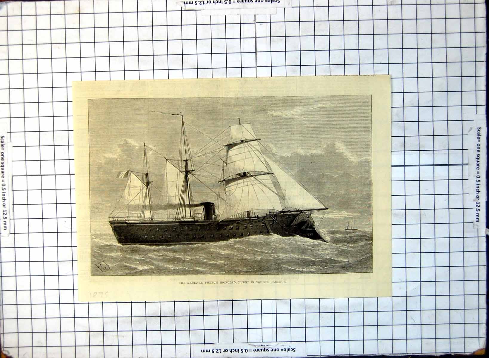 Old Print Magenta French Ironclad Burnt Toulon Harbour Ship Sea 1875 195G 19th