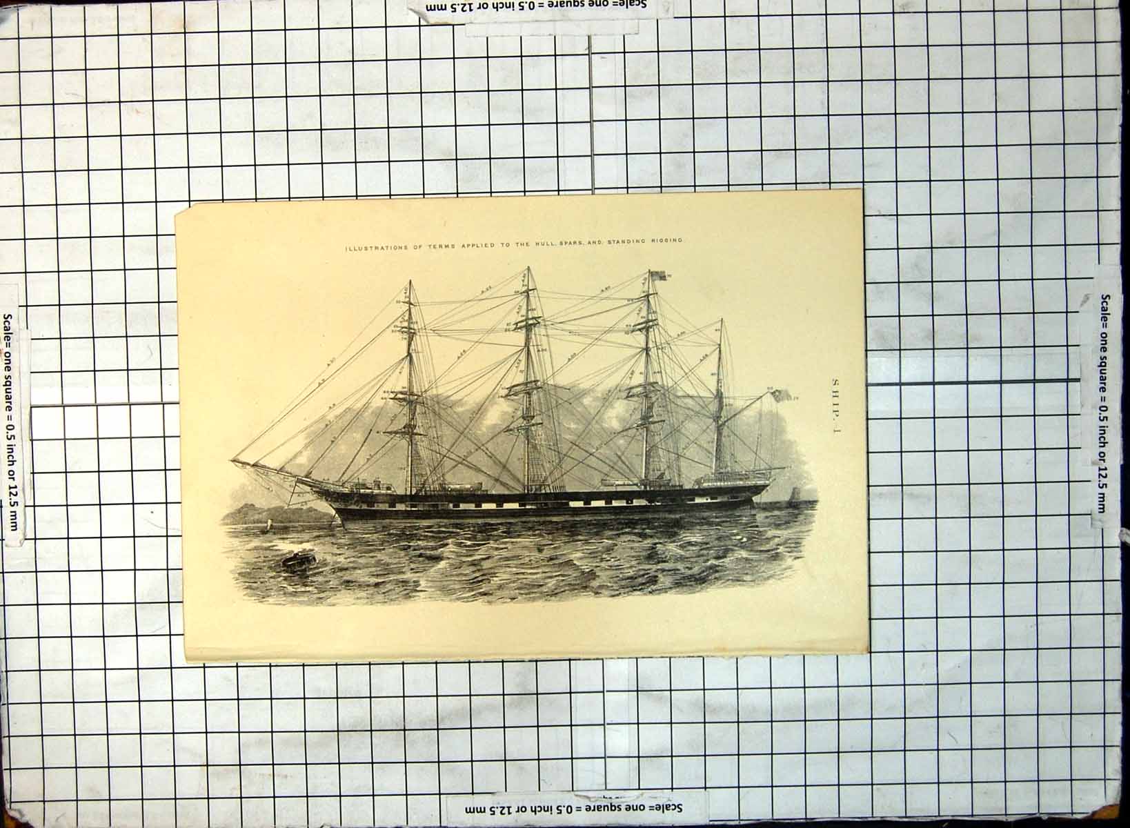 Old Illustrations Terms Applied Hull Spars Standard Rigging Ship 197G 20th