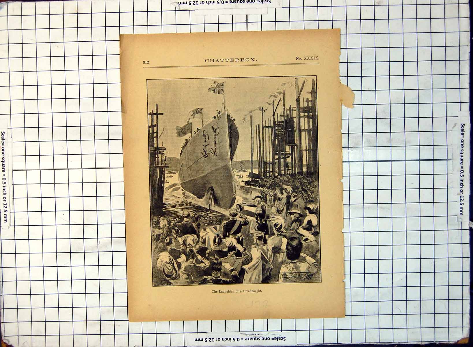 Old Print Launching Dreadnaught Quayside View Anchors Onlookers 1912 206G 20th