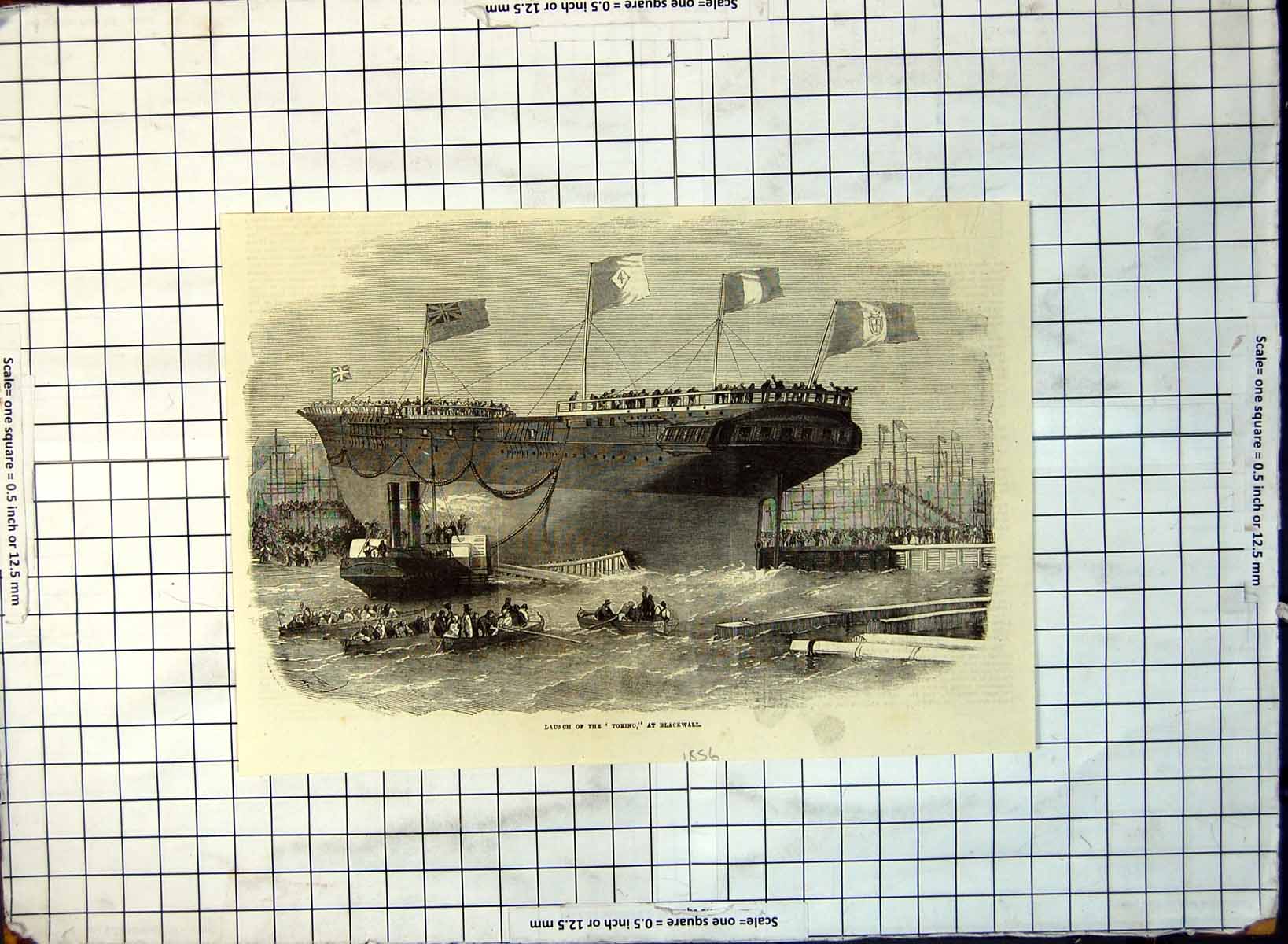 Antique Print Launch Torino Blackwall Tug Ropes Rowing Boats Onlookers 210G