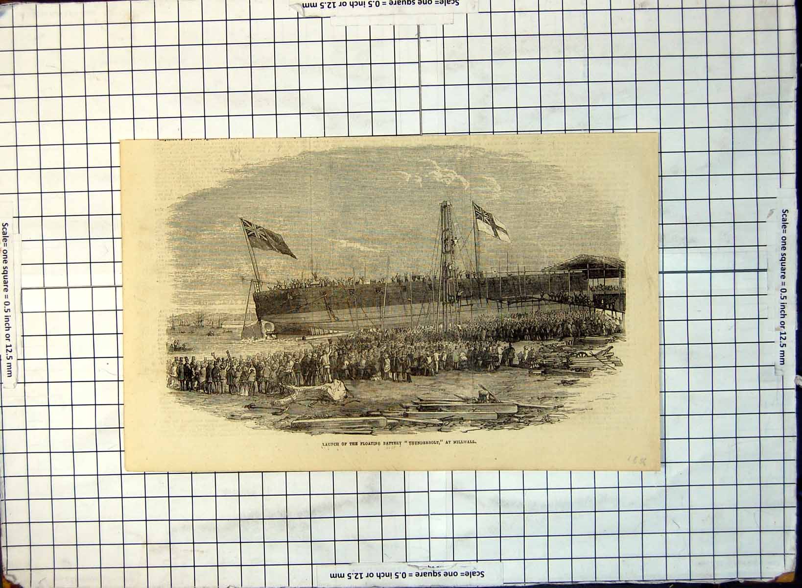 Old Launch Floating Battery Thunderbolt Millwall Huge Crowds 1856 211G Victorian