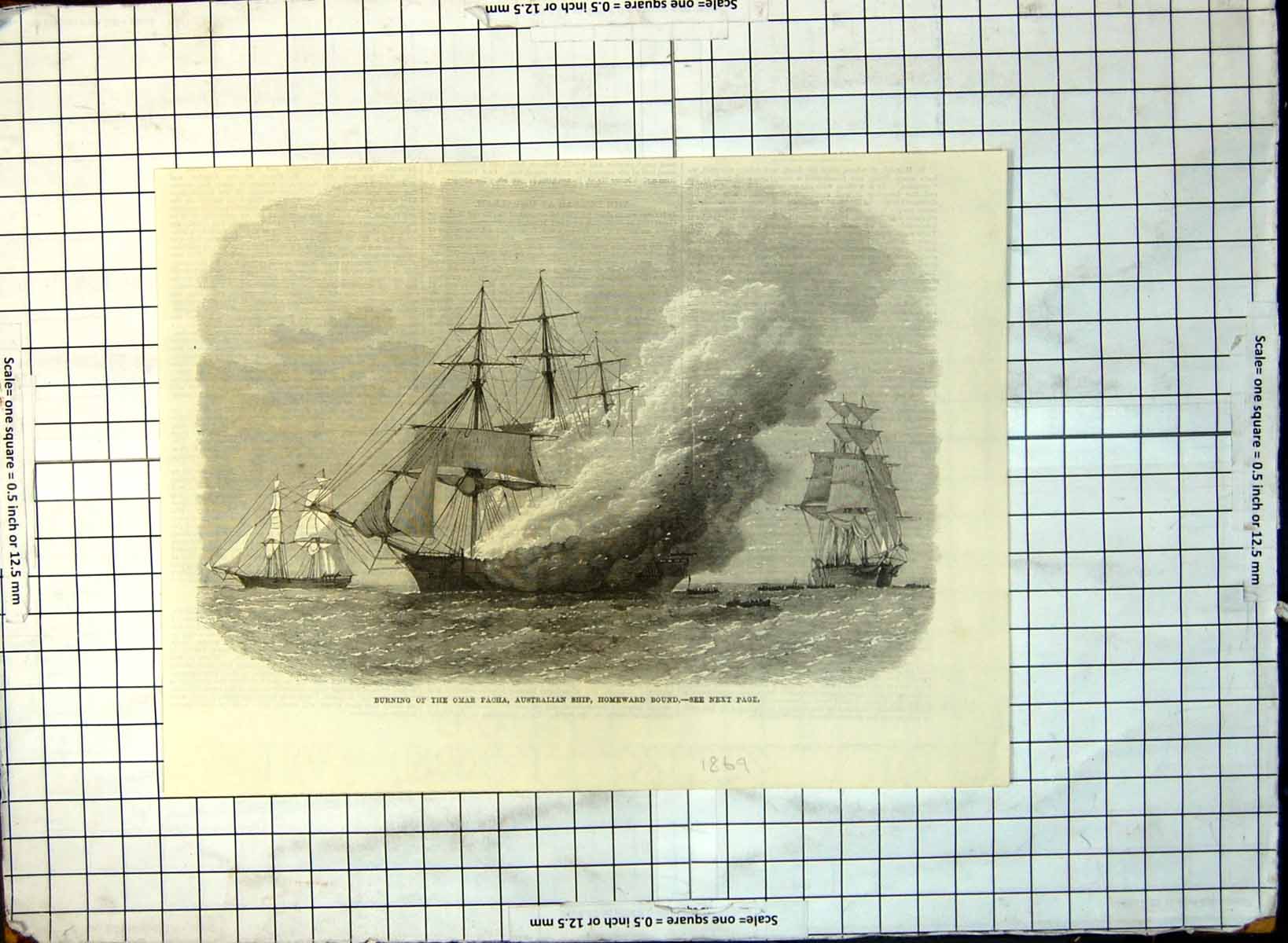 Old Print Burning Omar Pacha Australian Ship Homeward Bound 1869 Sea 214G 19th