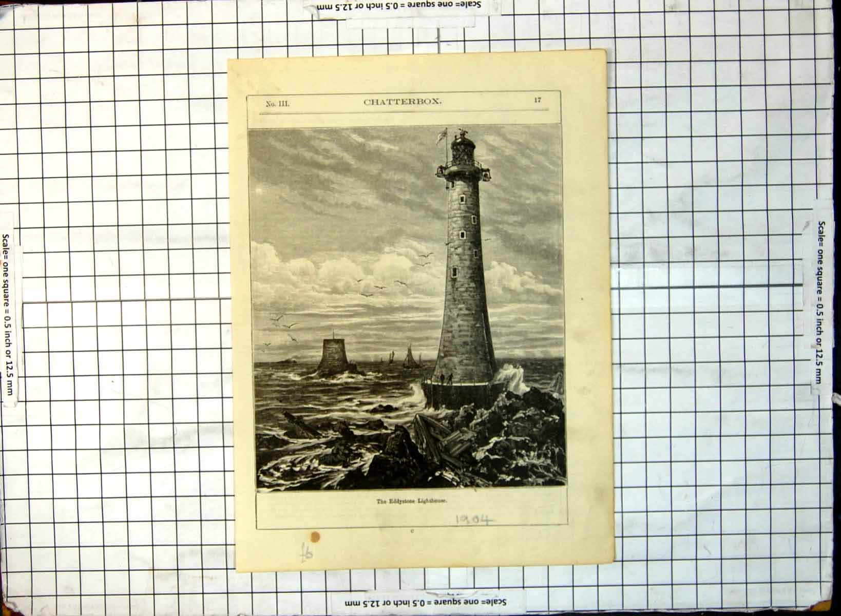 Old Print The Eddystone Lighthouse Men Standing Base Wreck Rocks 1904 226G 20th