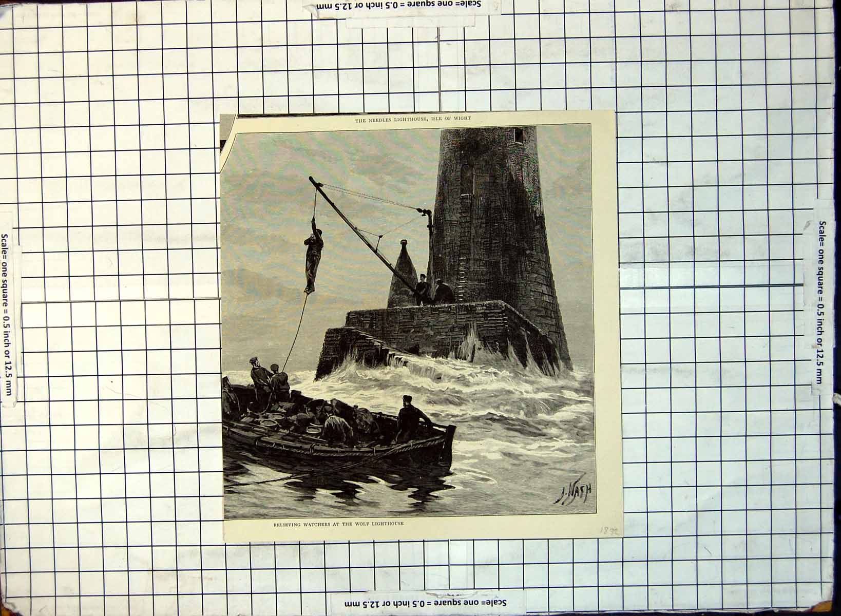 Old Print Relieving Watchers Wolf Lighthouse Winched On By Rope 1892 227G 19th
