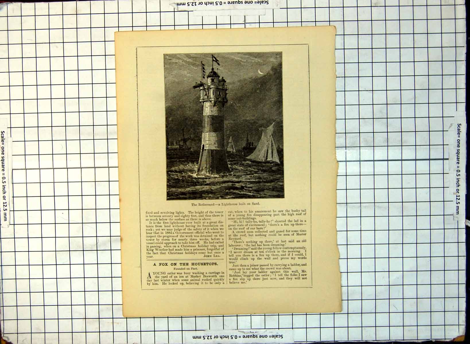 Antique Print Rothersand Lighthouse Built Sand Yachts Some Text Reverse 229G