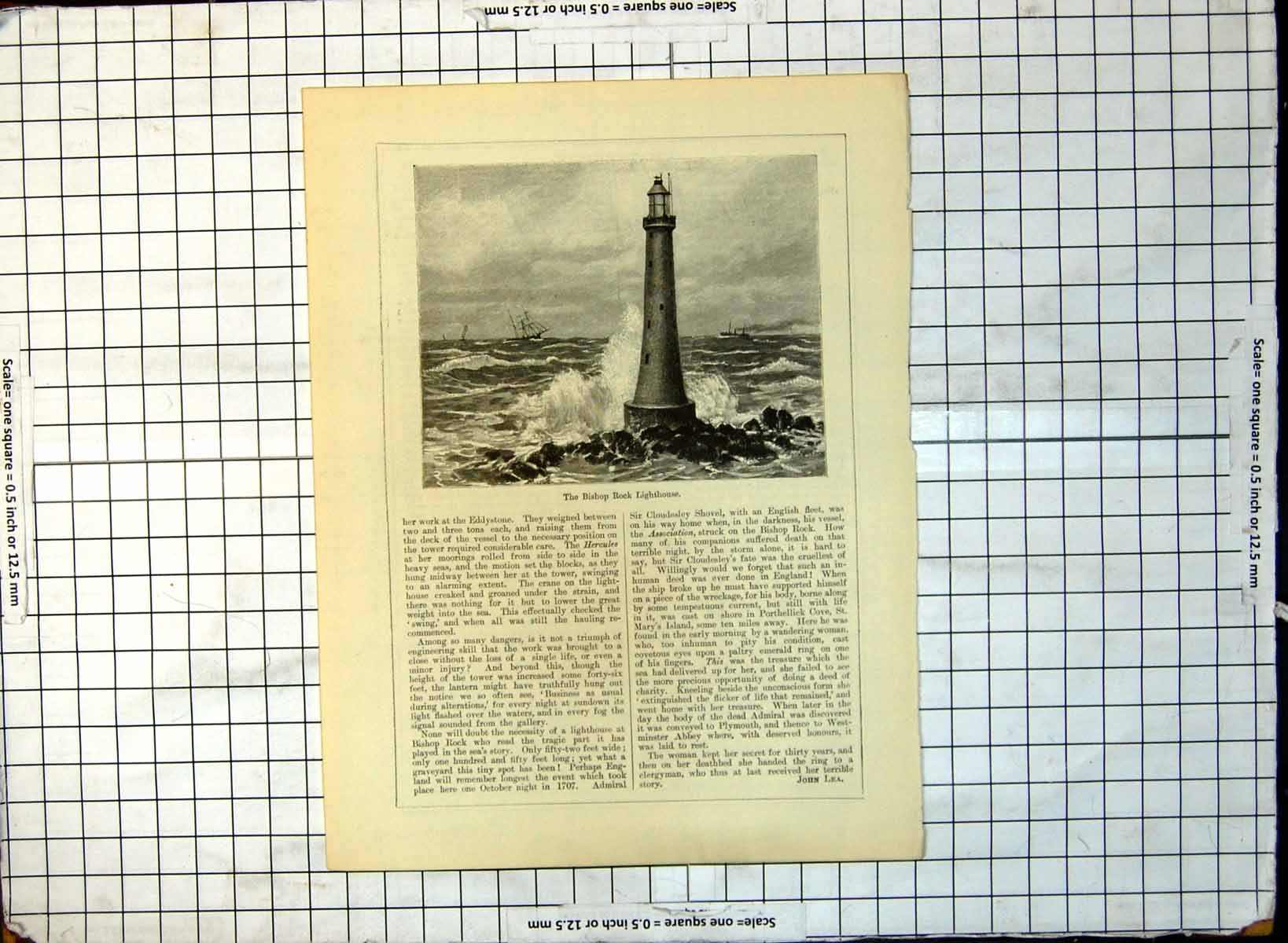 Old Print Bishop Rock Lighthouse Waves Ships Sailing Steamer Sea Sky 234G