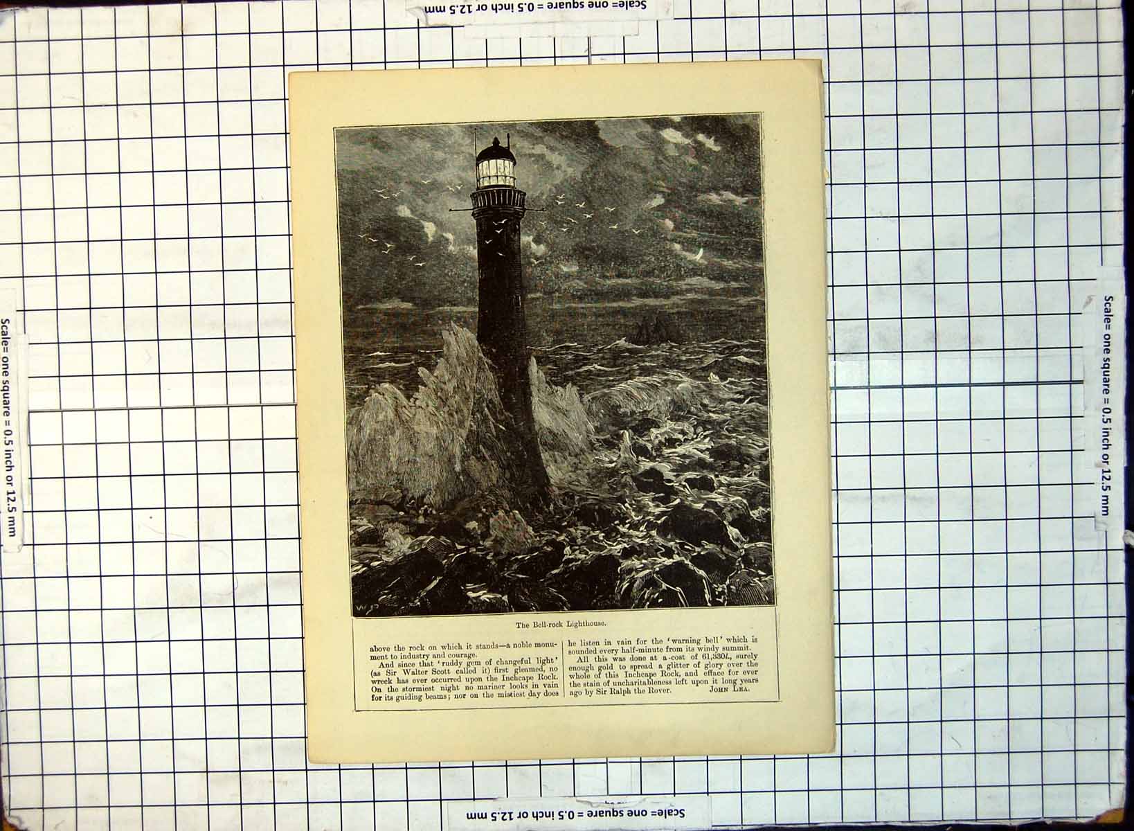 Old Print Bell-Rock Lighthouse Turbulent Seas Night Time Sailing Ship 235G