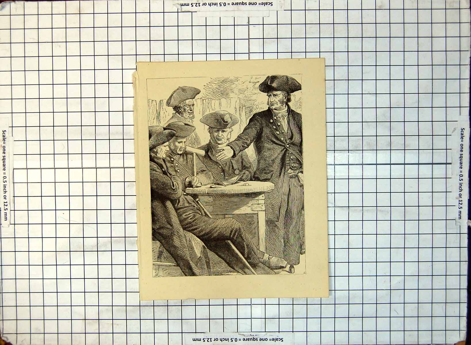 Old Print er Military / Naval Gentlemen Seated Standing Pipe Smoking 248G