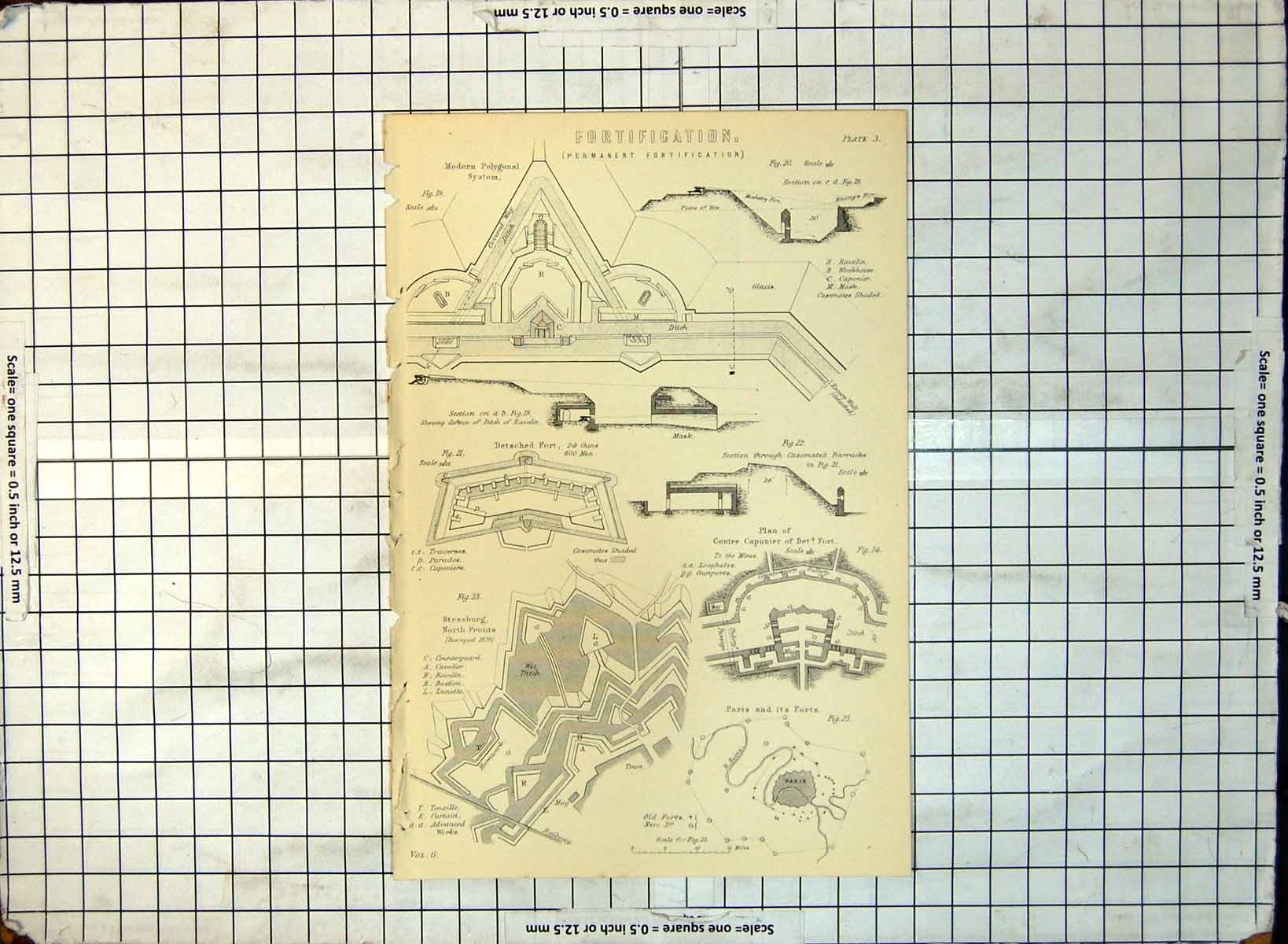 Old Print Permanent Fortification Modern Polygonal System Paris Forts 254G