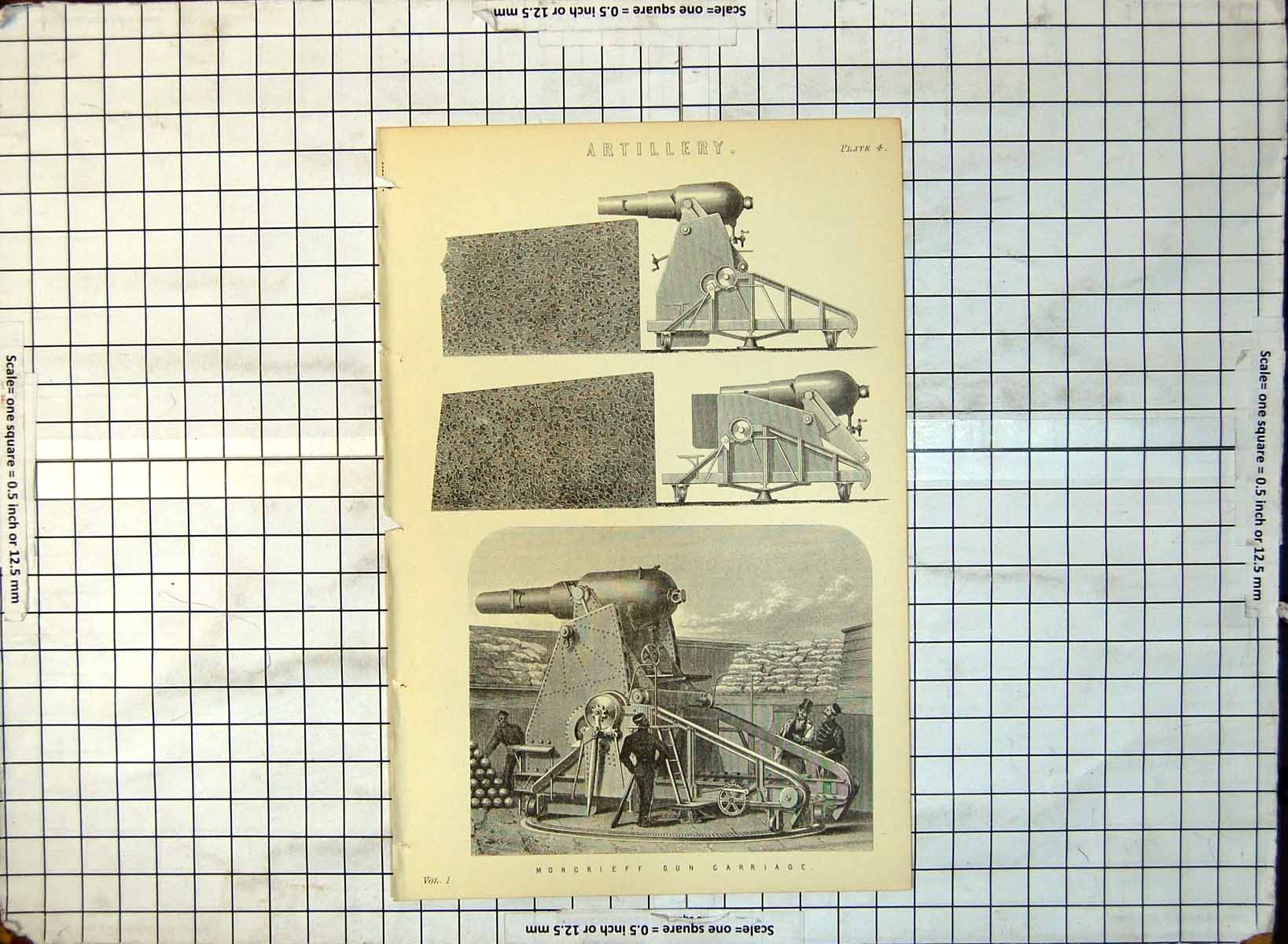 Print Artillery Moncrieff Gun Carriagetravelling Fring Positions C1890'S 258G