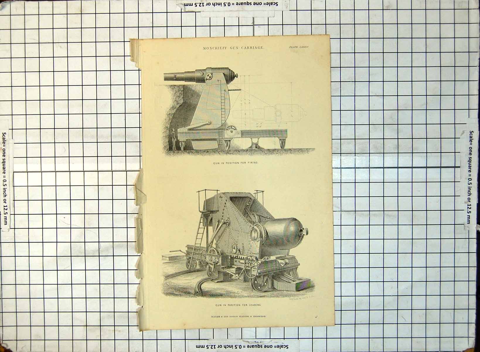 Old Print Moncrieff Gun Carriage Positions Firing Loading Artillery C1890'S 259G