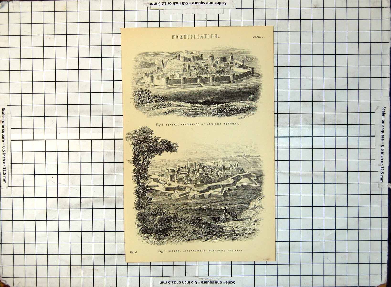 Old Print General Appearance Ancient Fortress Bastioned Horse C1890'S 263G 19th