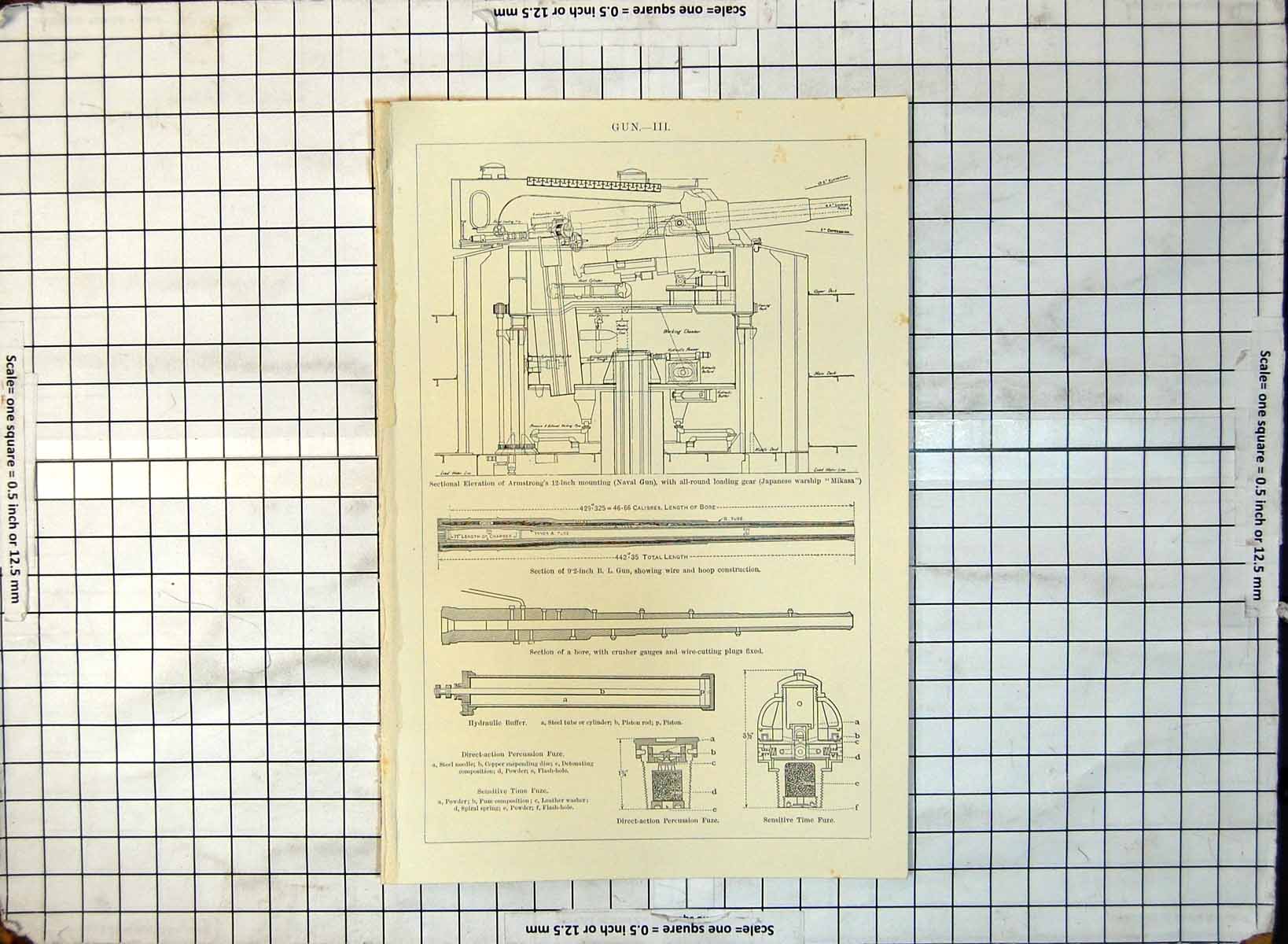 Old Print Sectional Elevation Armstrong'S 12 Inch Naval Gun Fuze Bore 267G