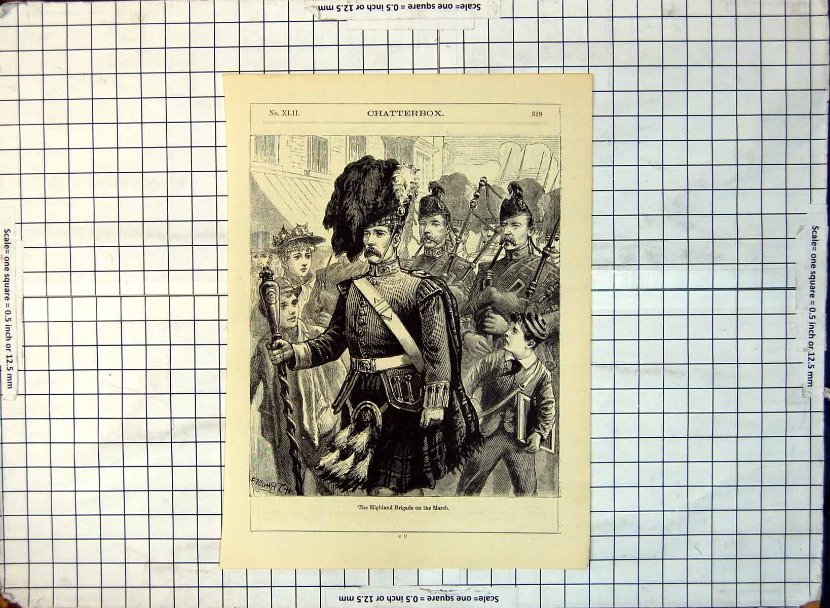 Antique Print Highland Brigade March Kilted Sier Bearskin Pipers 1897 268G 19th