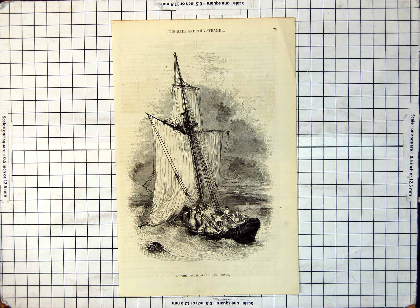 Old The Hoy Becalmed Sailing Small Boat Full People Luggage W Harvey 288G