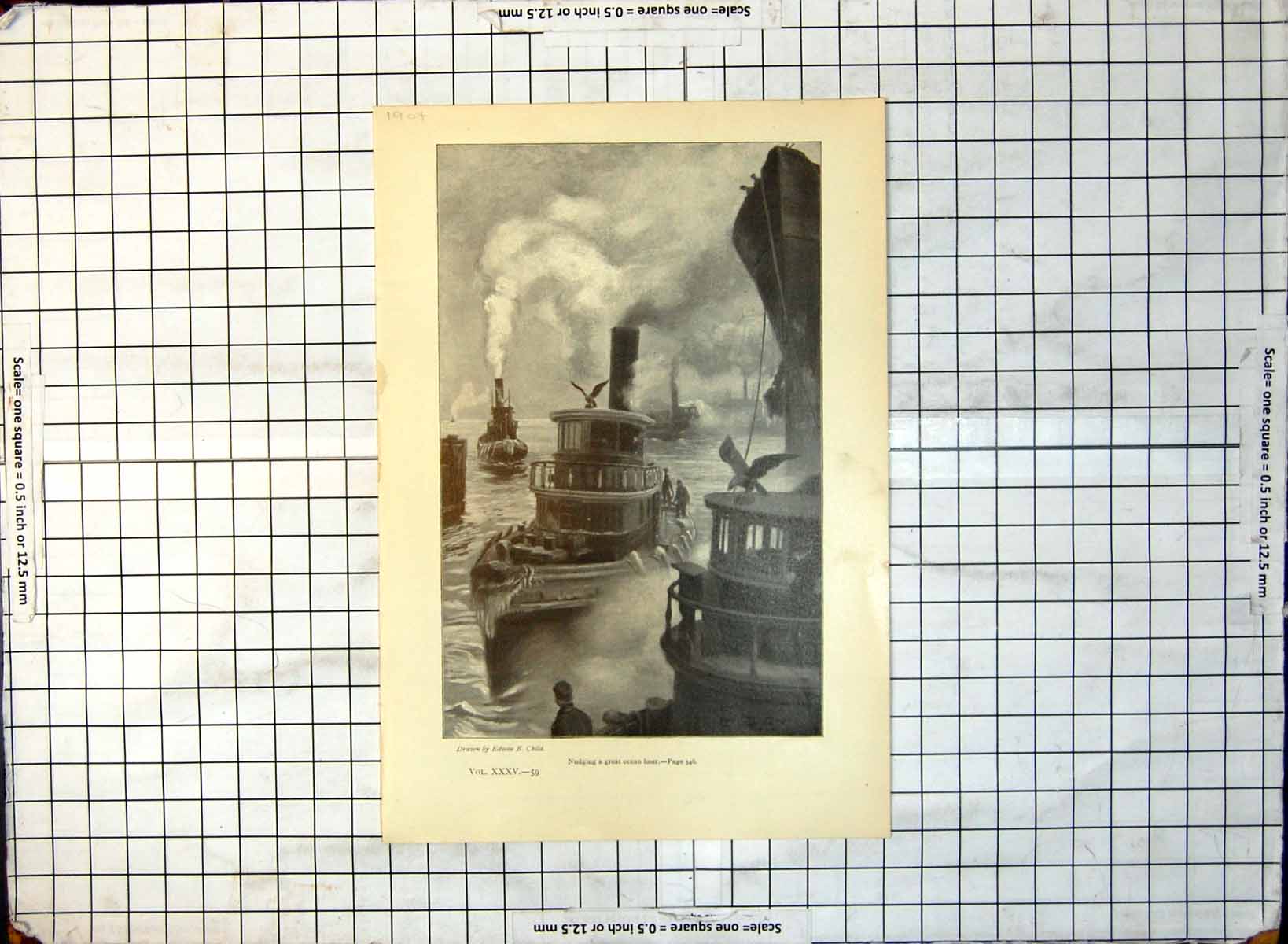 Old Print Nudging Greatocean Liner Drawn Edwin B Child Boats Harbour 295G