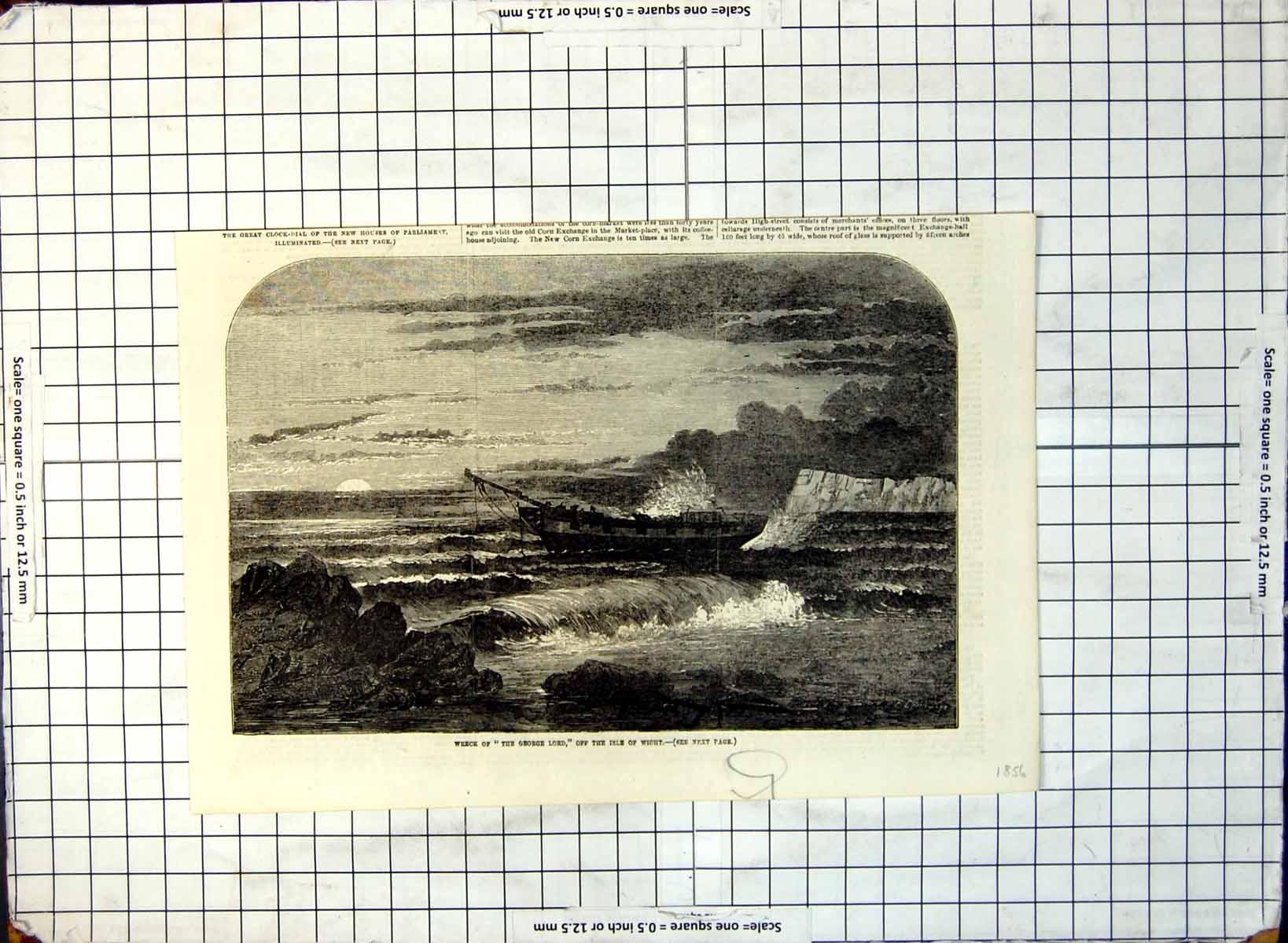 Old Print Wreck George Lord Off Isel Wight Masts Gone Cliffs Distance 296G