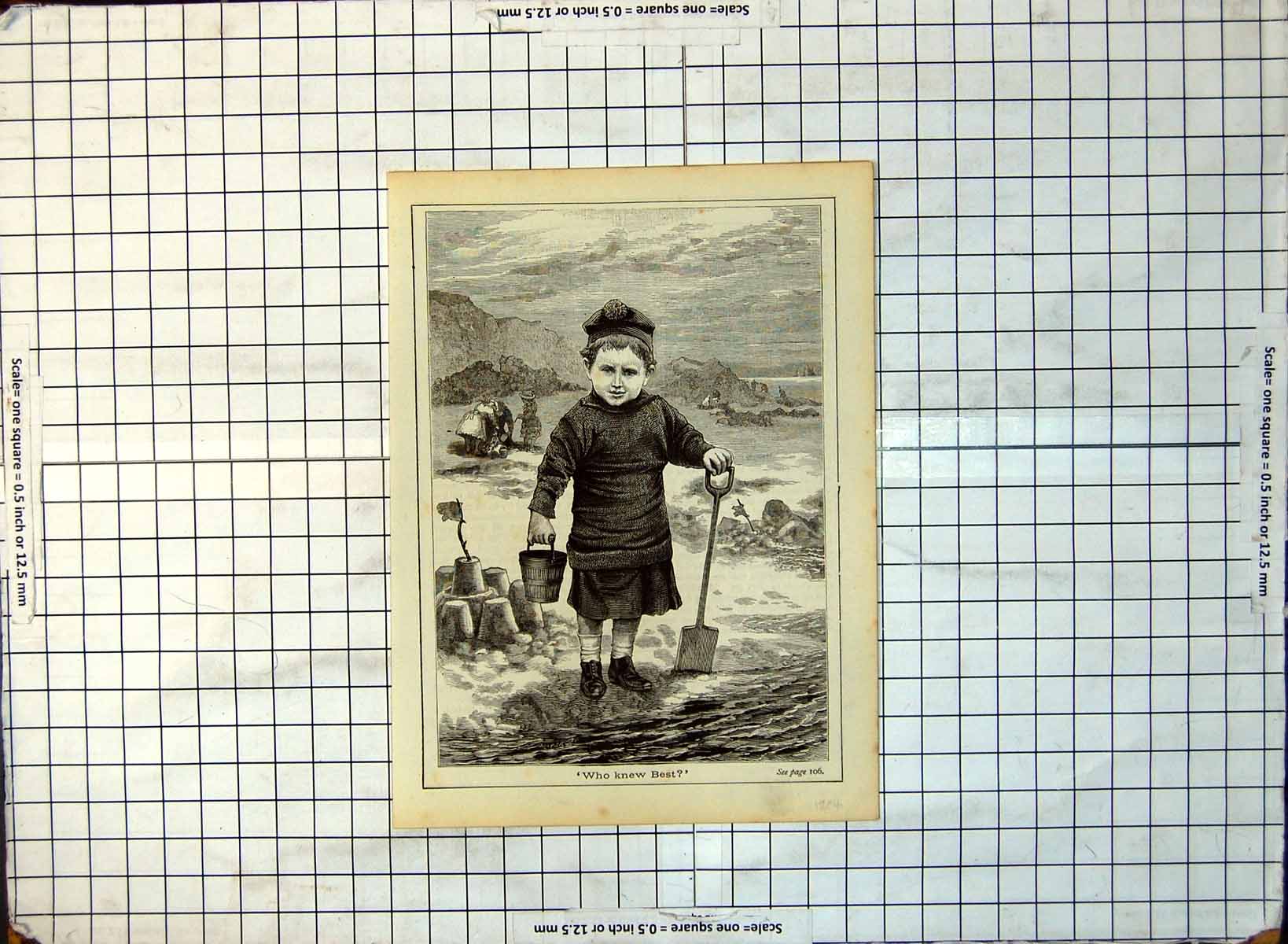 Old Print Boy Seaside Jumper Beret Sandcastle Flag Bucket Spade 1884 309G 19th