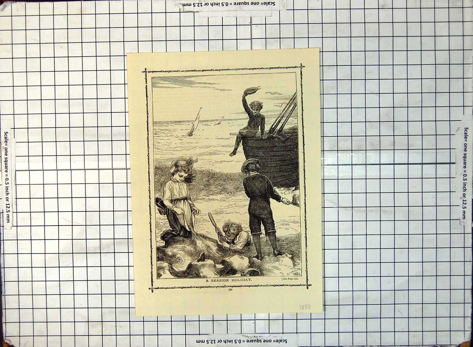 Old Seaside Holiday Child Atop Moored Boat Digging Sand Apron 1888 310G 19th