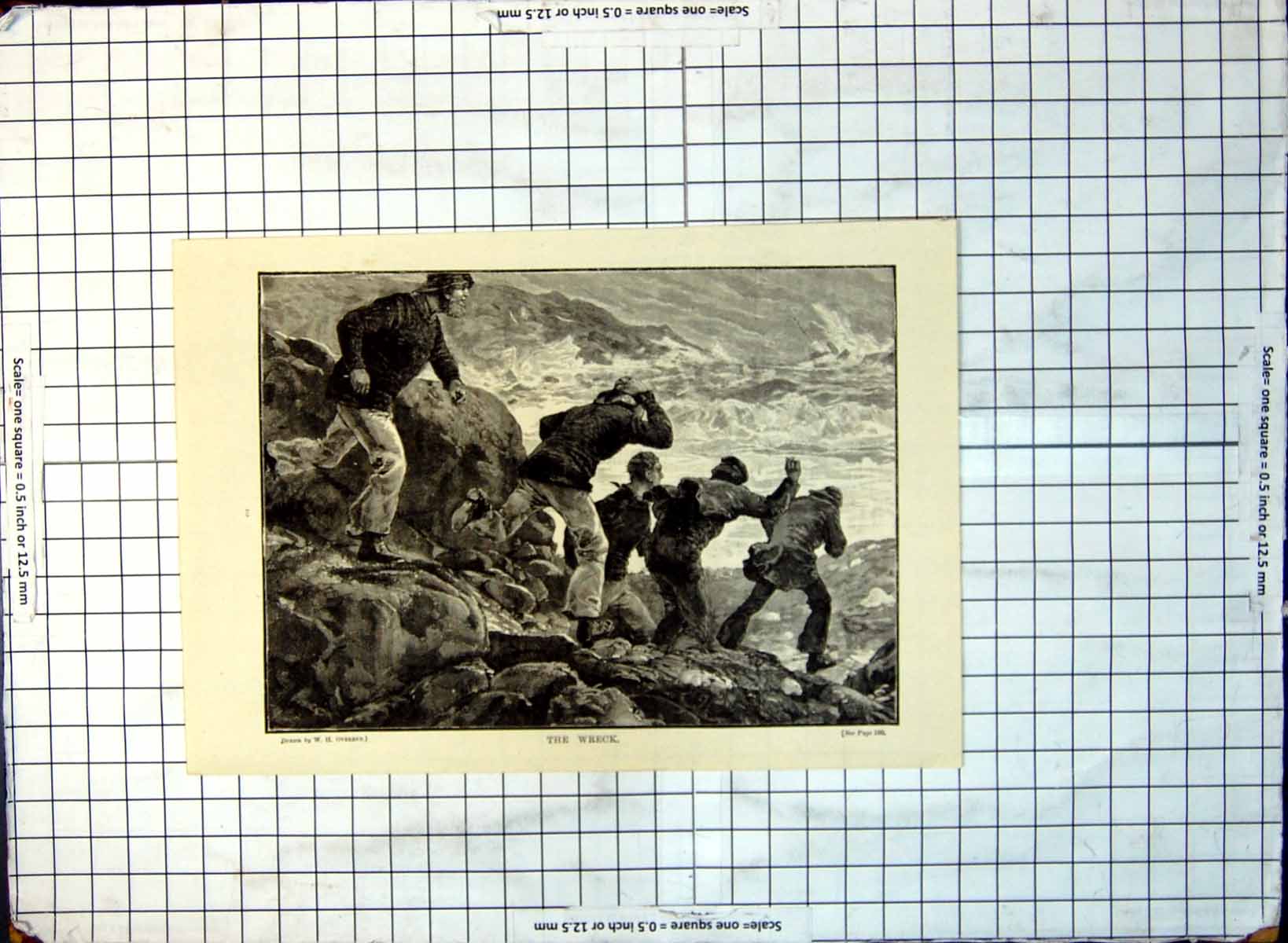 Old The Wreck Drawn W H Overend Five Men Rushing Down Shore 1888 312G Victorian