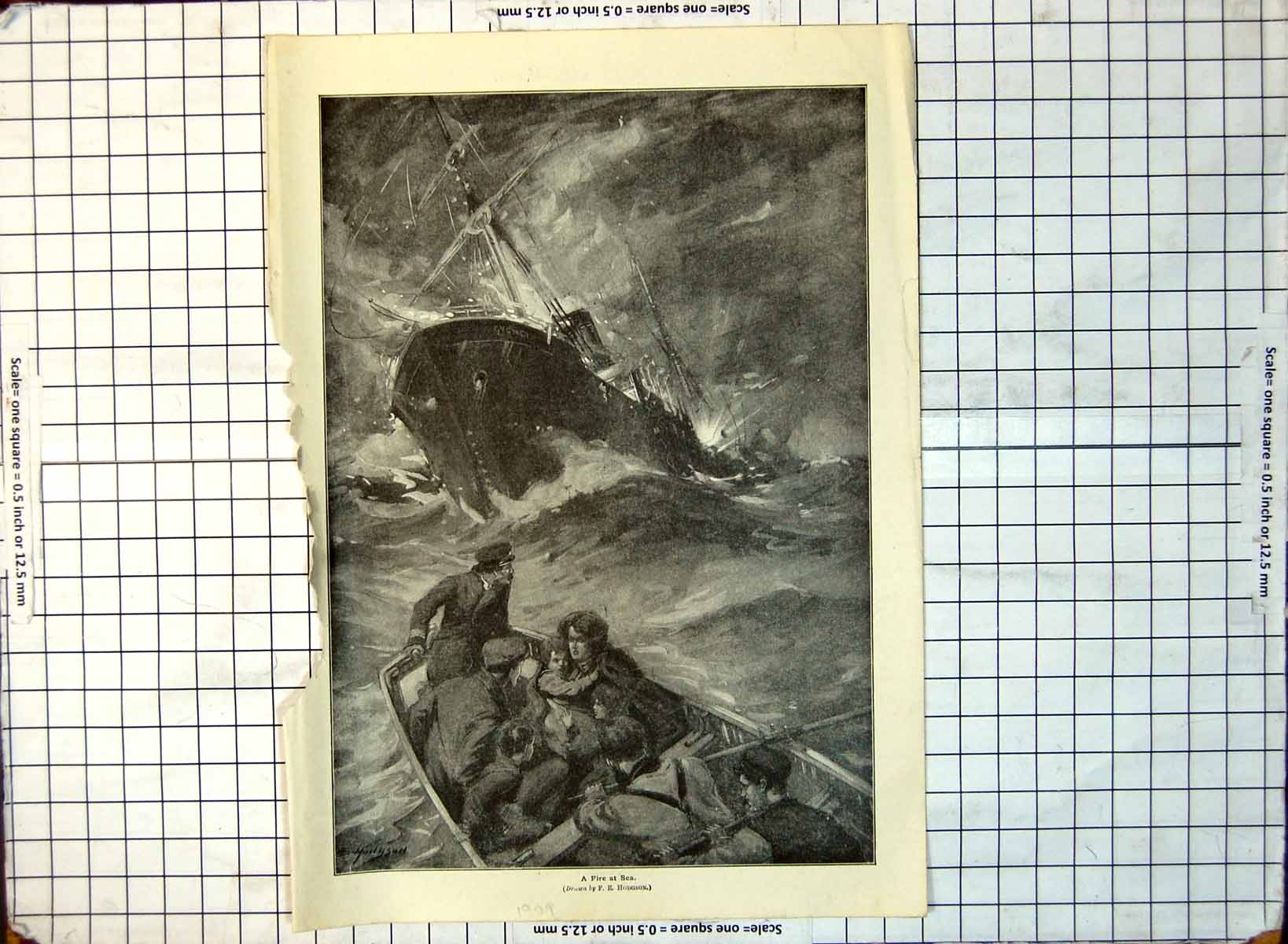 Old Fire At Sea Drawn F E Hodgson Sailing Ship Lifeboat Rowing 1909 315G 20th