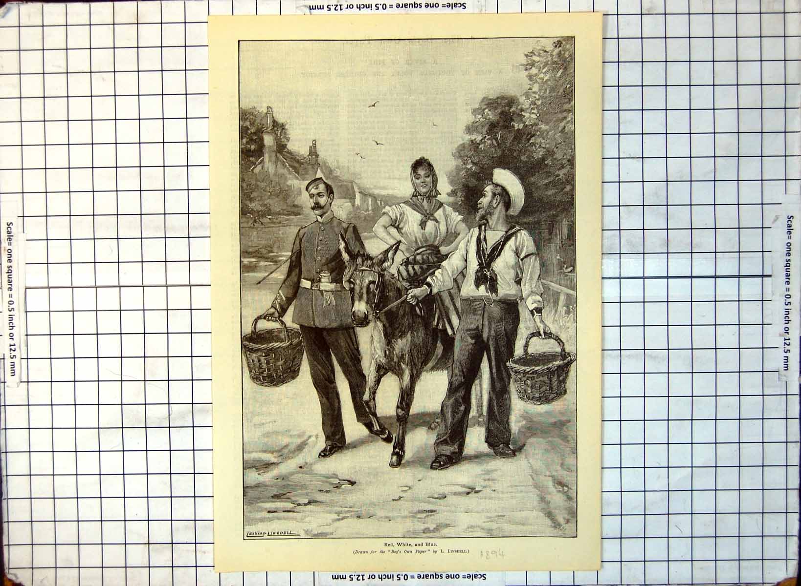 Old Print Red White Blue Army Navy Lady Donkey Baskets Leonard Lindell 1894 319G