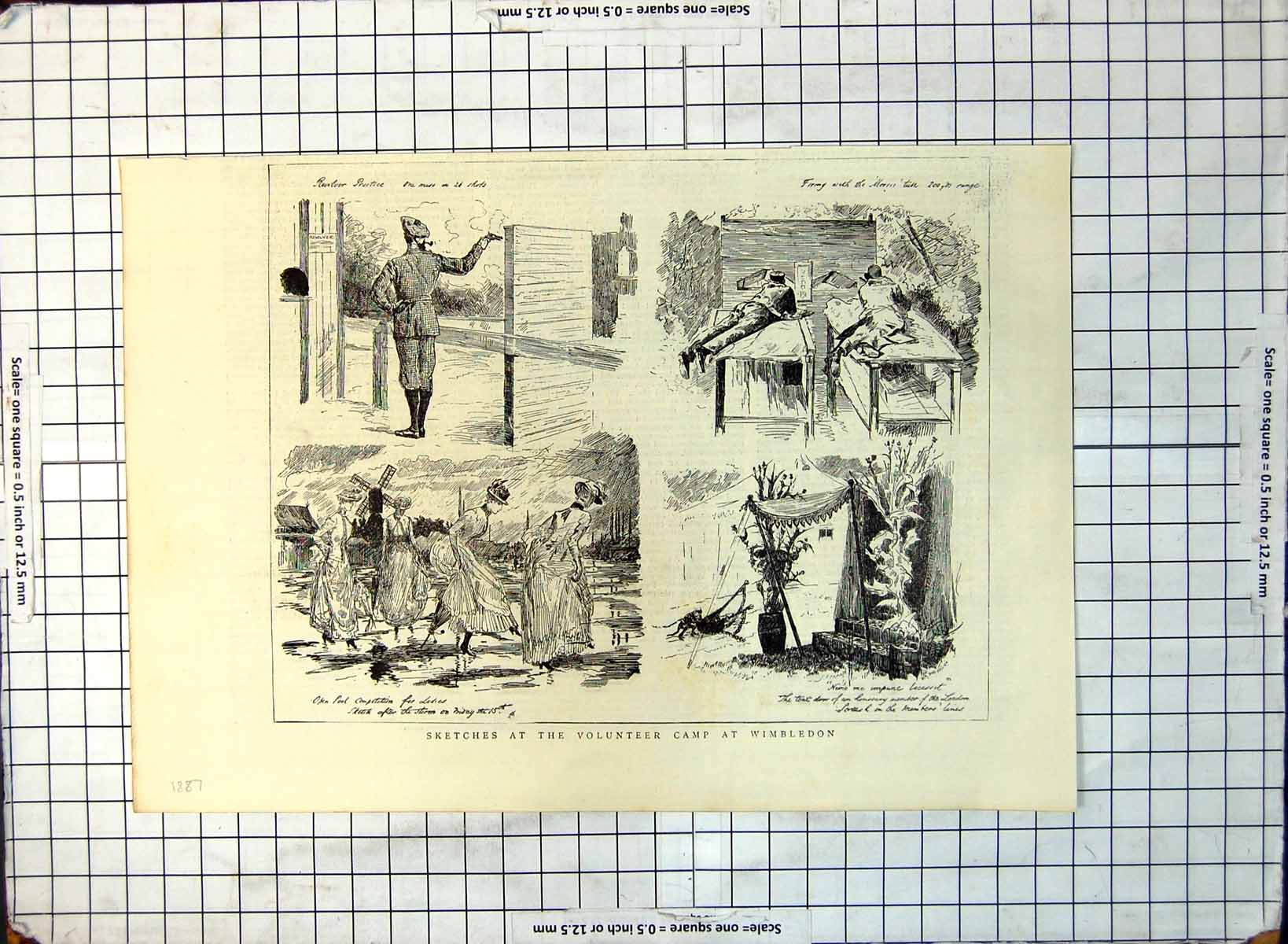 Old Sketches Volunteer Camp Wimbledon Ladies Treading Puddles 1887 321G 19th