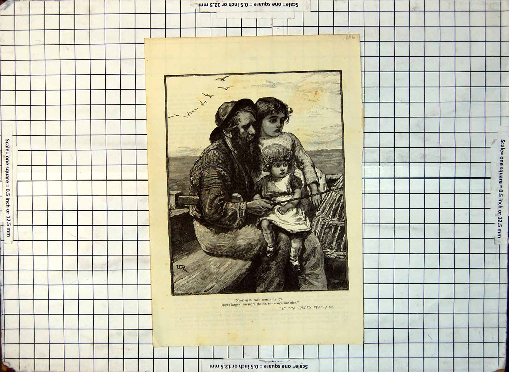 Old Fisherman Bearded Steering Boat Small Girl Sat Knee Child Creel 333G