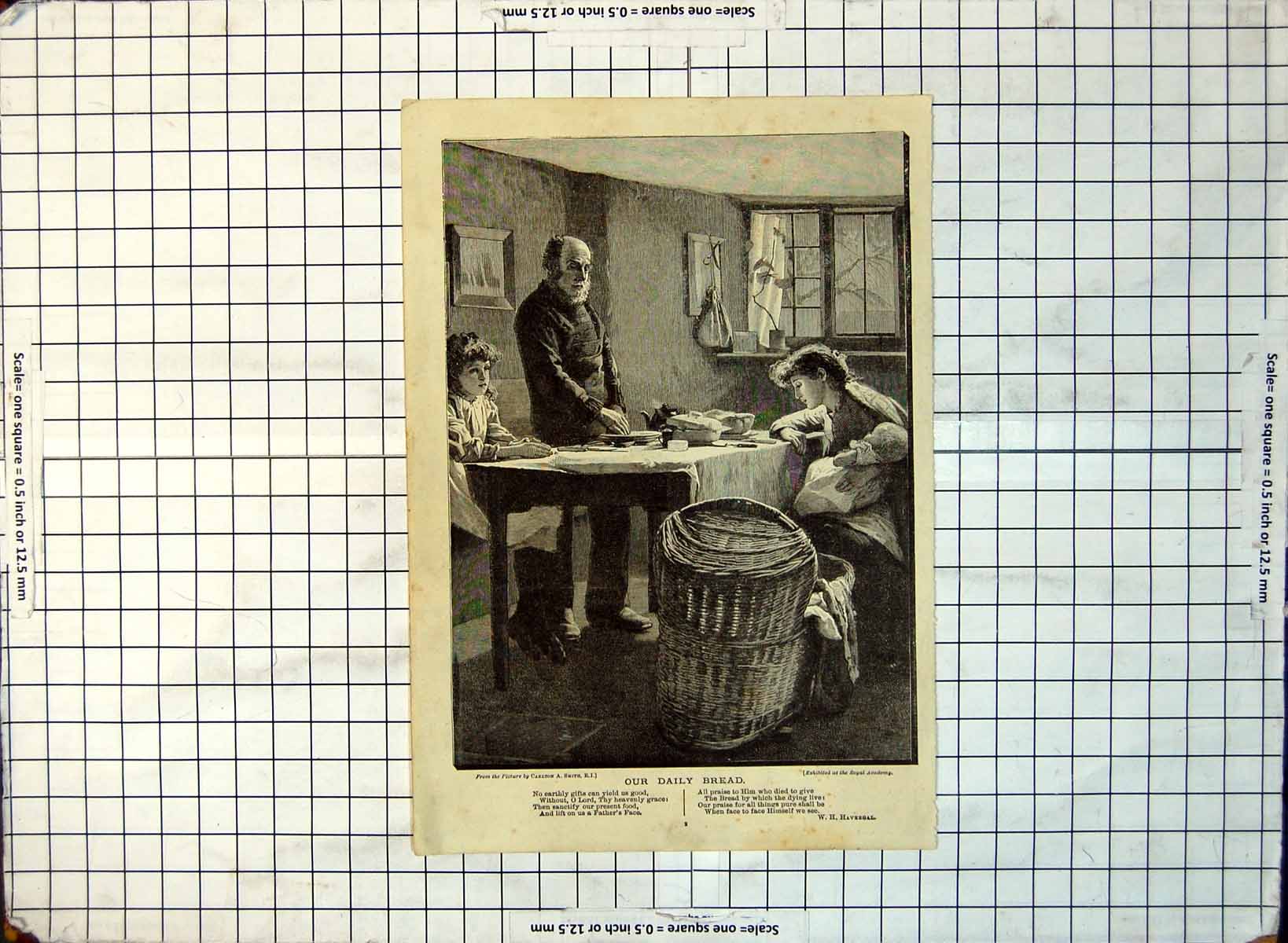 Old Our Daily Bread Saying Grace Family Scene Baby Cradle Woven 1893 334G 19th