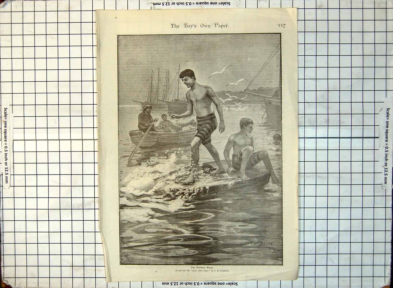 Old Harbour Buoy Two Lads Afloat Swimming Trunks Man Rowing 1905 335G 20th