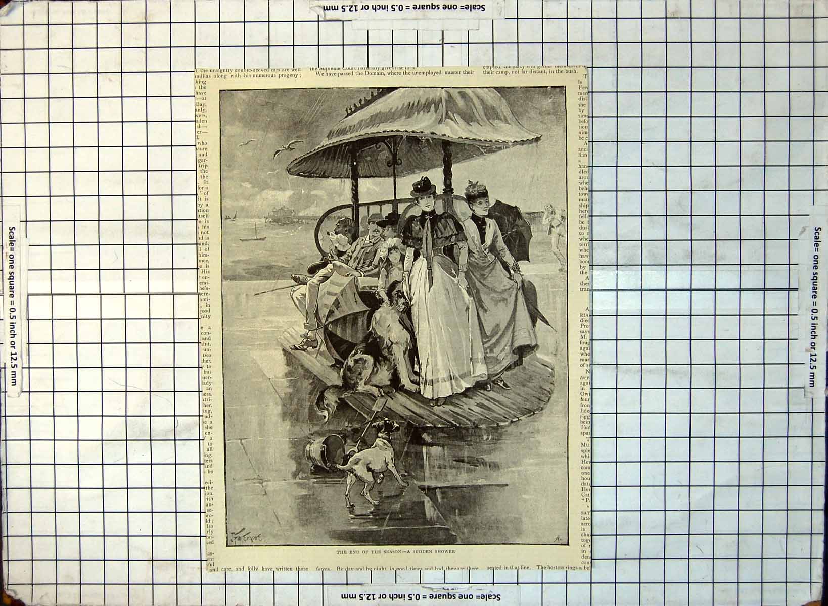 Antique Print End Season Sudden Shower Sheltering Seaside Dresses 1890 337G 19th