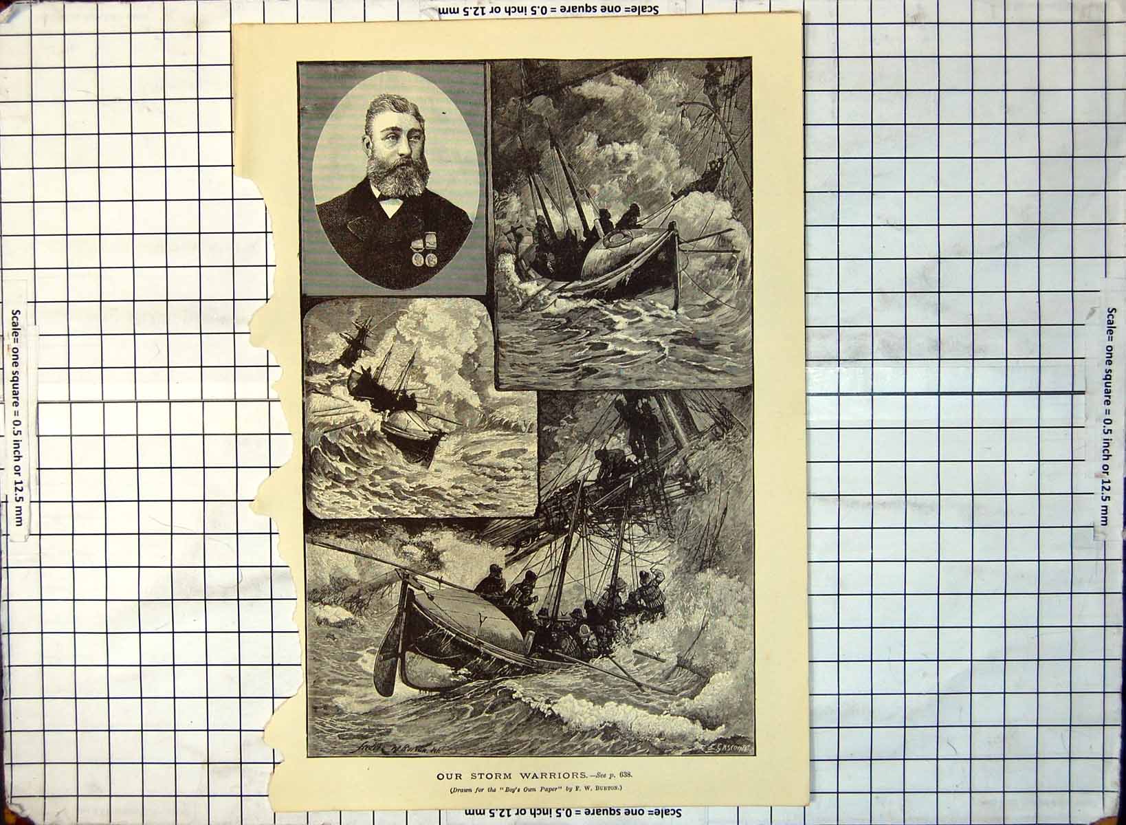 Old Print Storm Warriors Drawn F W Burton Lifeboats Rescuing Men 1888 339G 19th