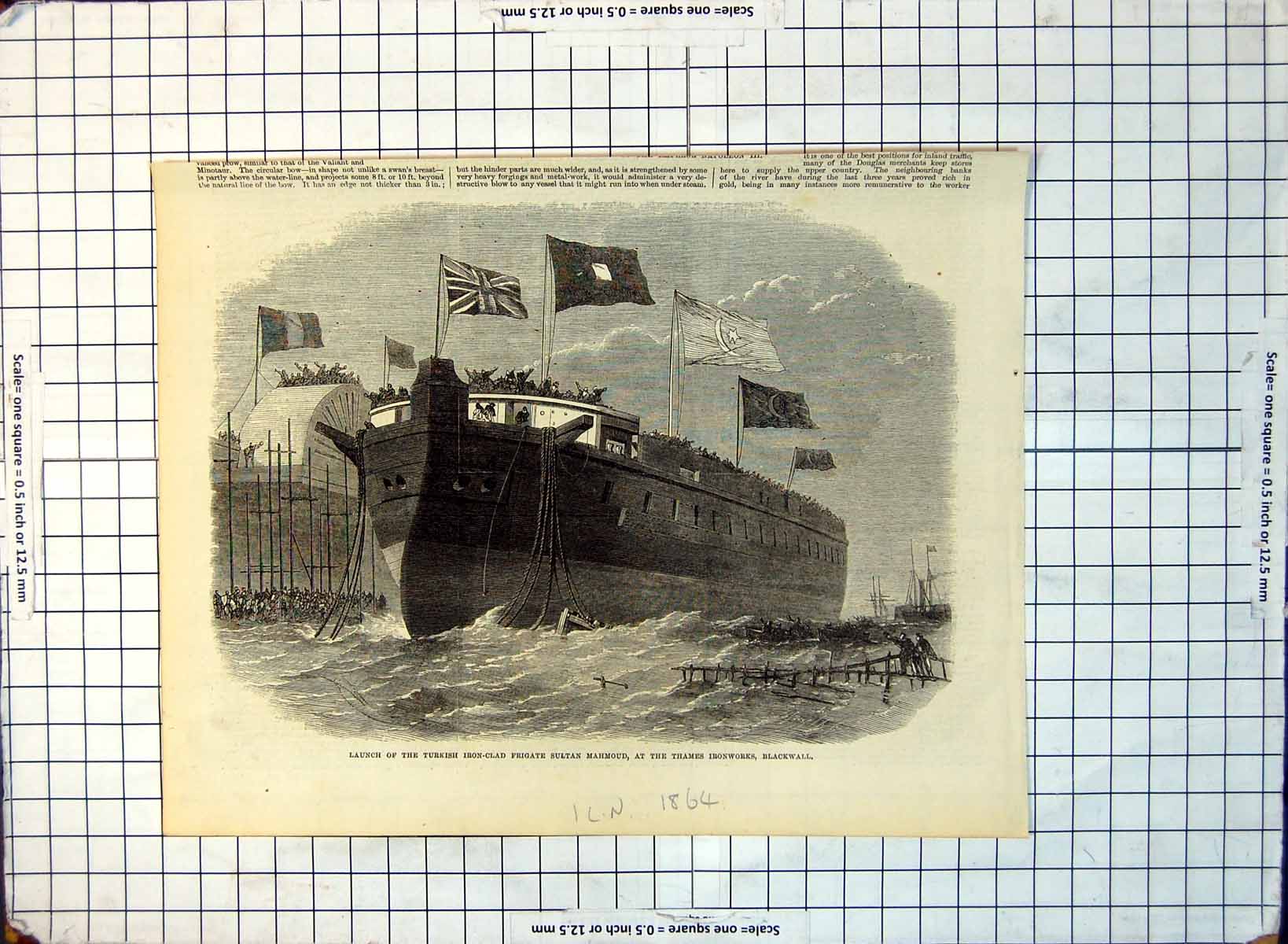 Old Launch Turkish Iron-Clad Frigate Sultan Mahmoud Blackwall 1864 340G 19th