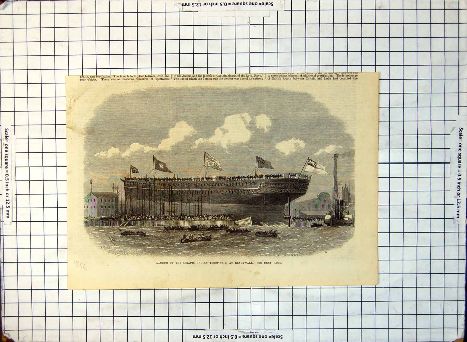 Old Launch Serapis Indian Troop Ship Blackwall Thames Flags 1866 341G Victorian