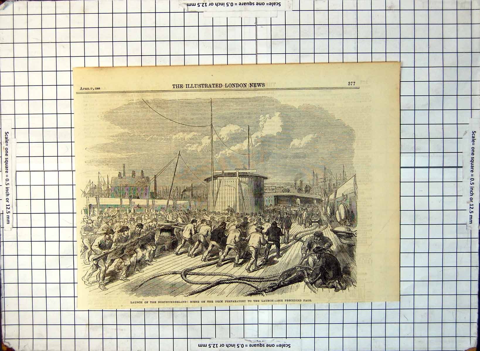 Antique Old Print Launch Northumberland Scene Deck Men Winding Ropes 1866 342G