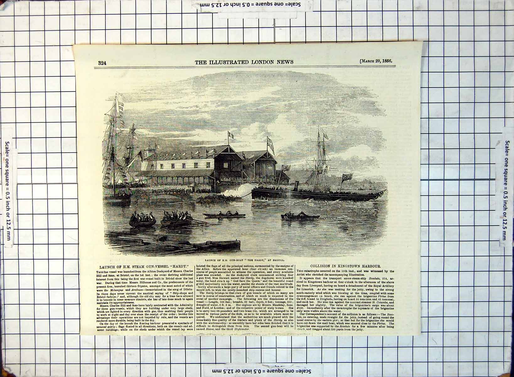 Old Launch H.M. Steam Gun-Vessel Hardy Bristol Onlookers Text 1856 343G 19th