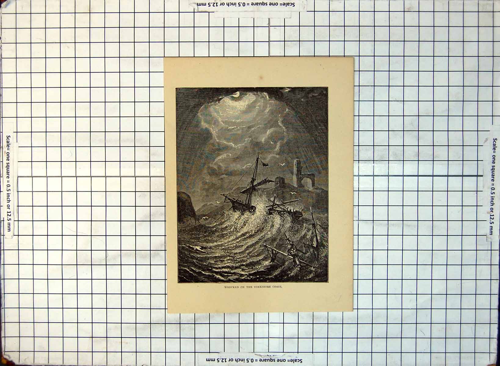 Antique Print Wrecked Yourkshire Coast Night Scene Petrel Feet Lowered 417RG