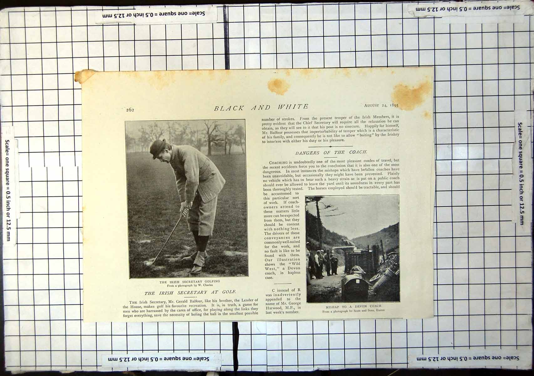 Old Antique Print Irish Secretary Golfing Dangers Coacch Overturned 1895 19th