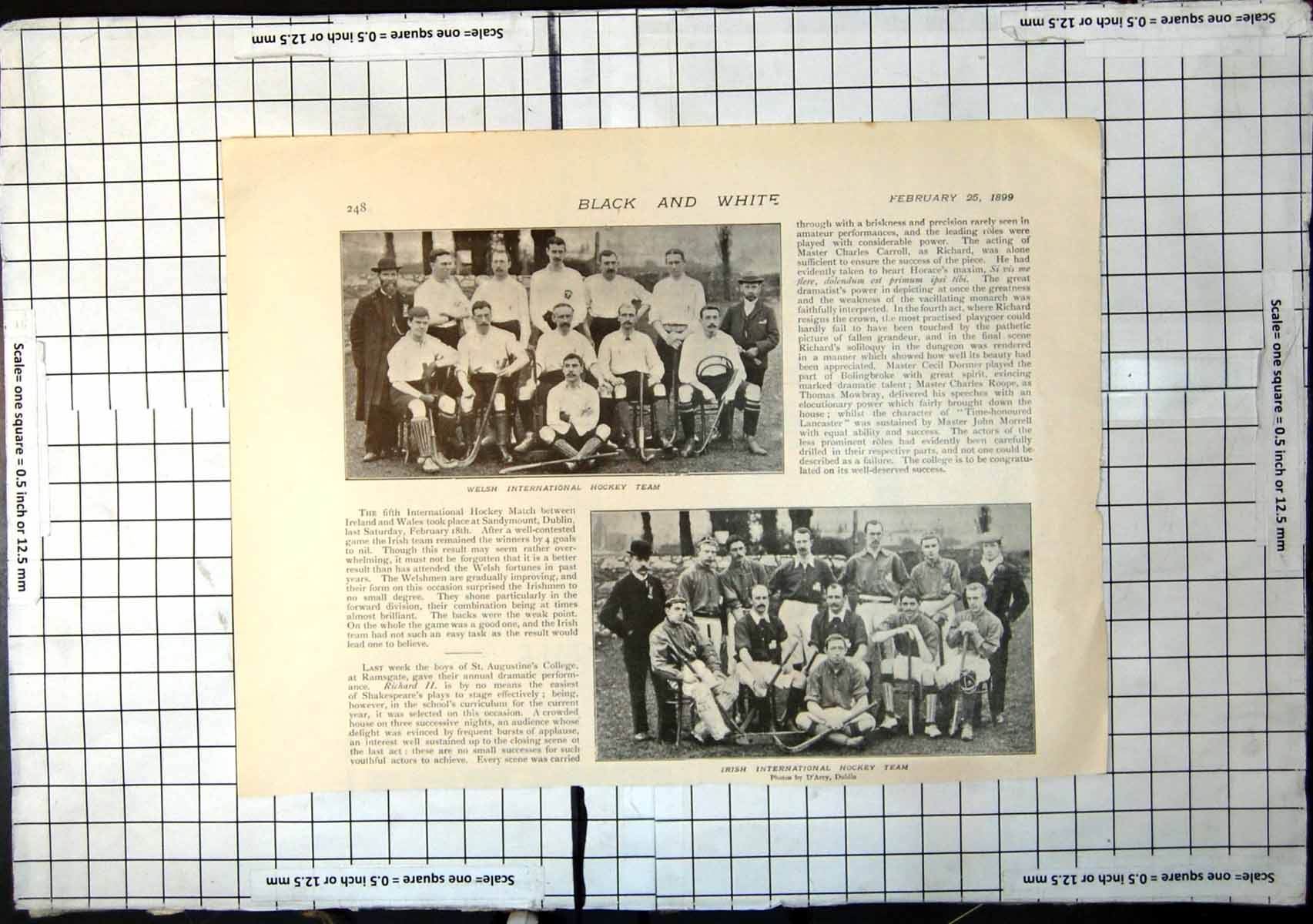 Original Old Antique Print Welsh International Hockey Team Irish Seated 1899